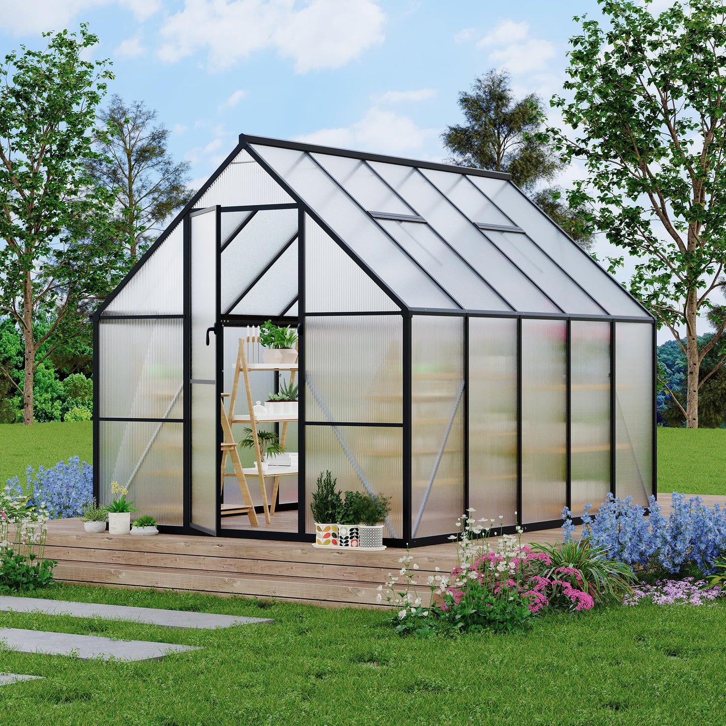Polycarbonate Greenhouse for Outdoors, Large Walk-InGreenhouse with Quick Setup Structure and Roof Vent, Greenhouse with Ventilation and Rain Gutter
