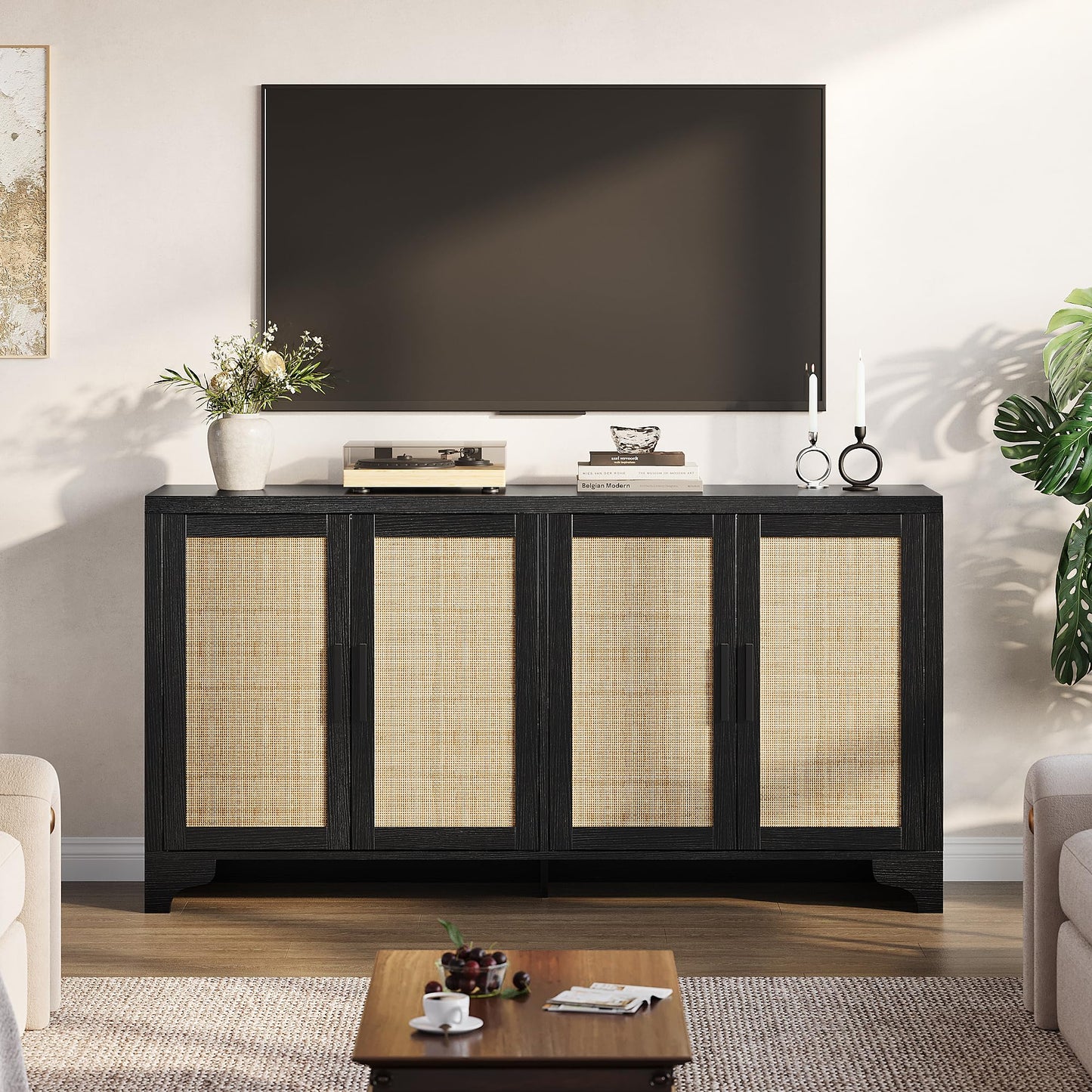 IDEALHOUSE Natural Rattan Sideboard Buffet Cabinet with Storage, Farmhouse Large Rattan Cabinet with 4 Doors, Wood Accent Coffee Bar Buffet Console Tables for Kitchen Living Room Entryway