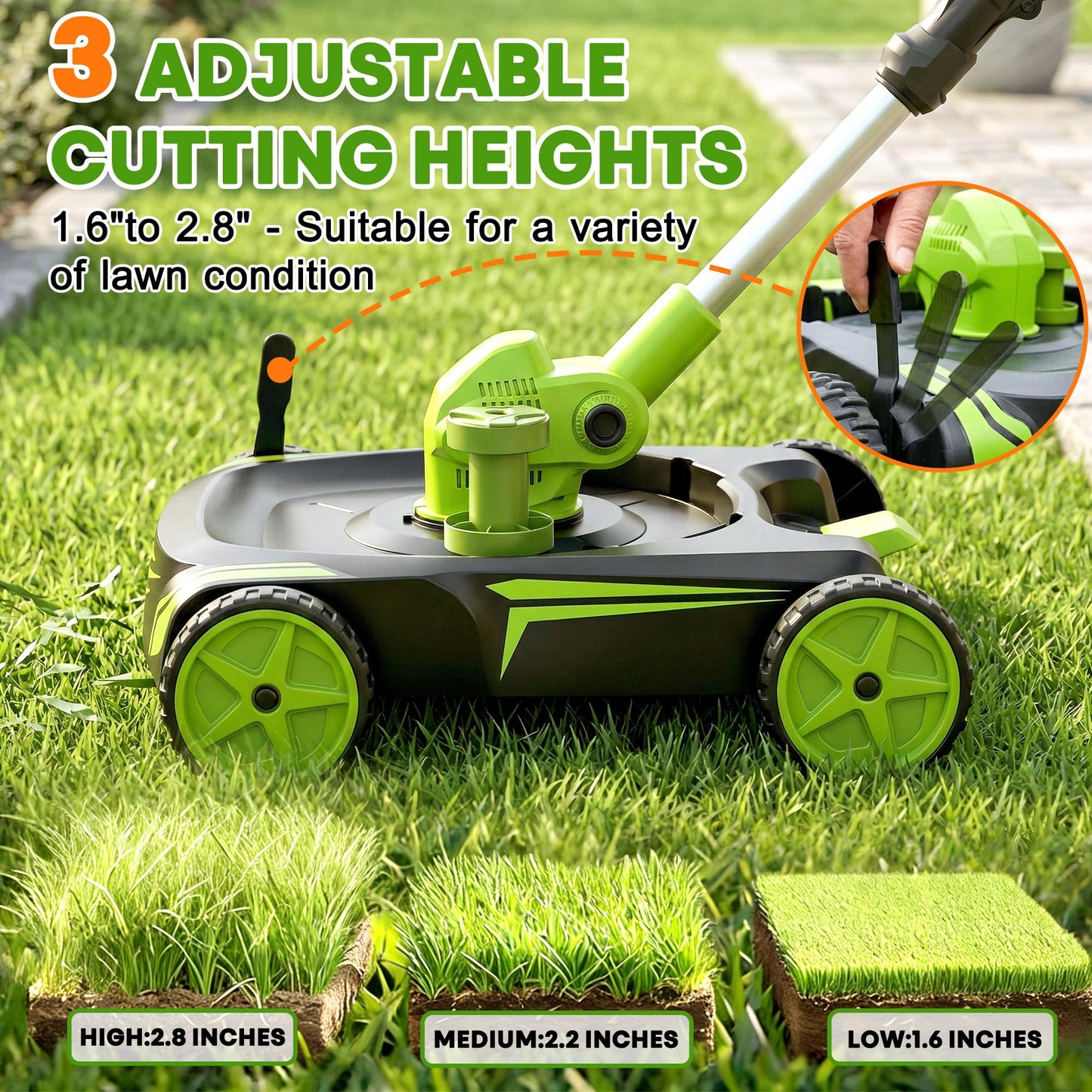 4-in-1 Electric Small Lawn Mower with Detachable Wheeled Base, 3 Position Cutting Height, Cordless Mini Push Mower Battery Powered for Garden/Yard/Farm, Gardening Gifts for Parents, Seniors, Women