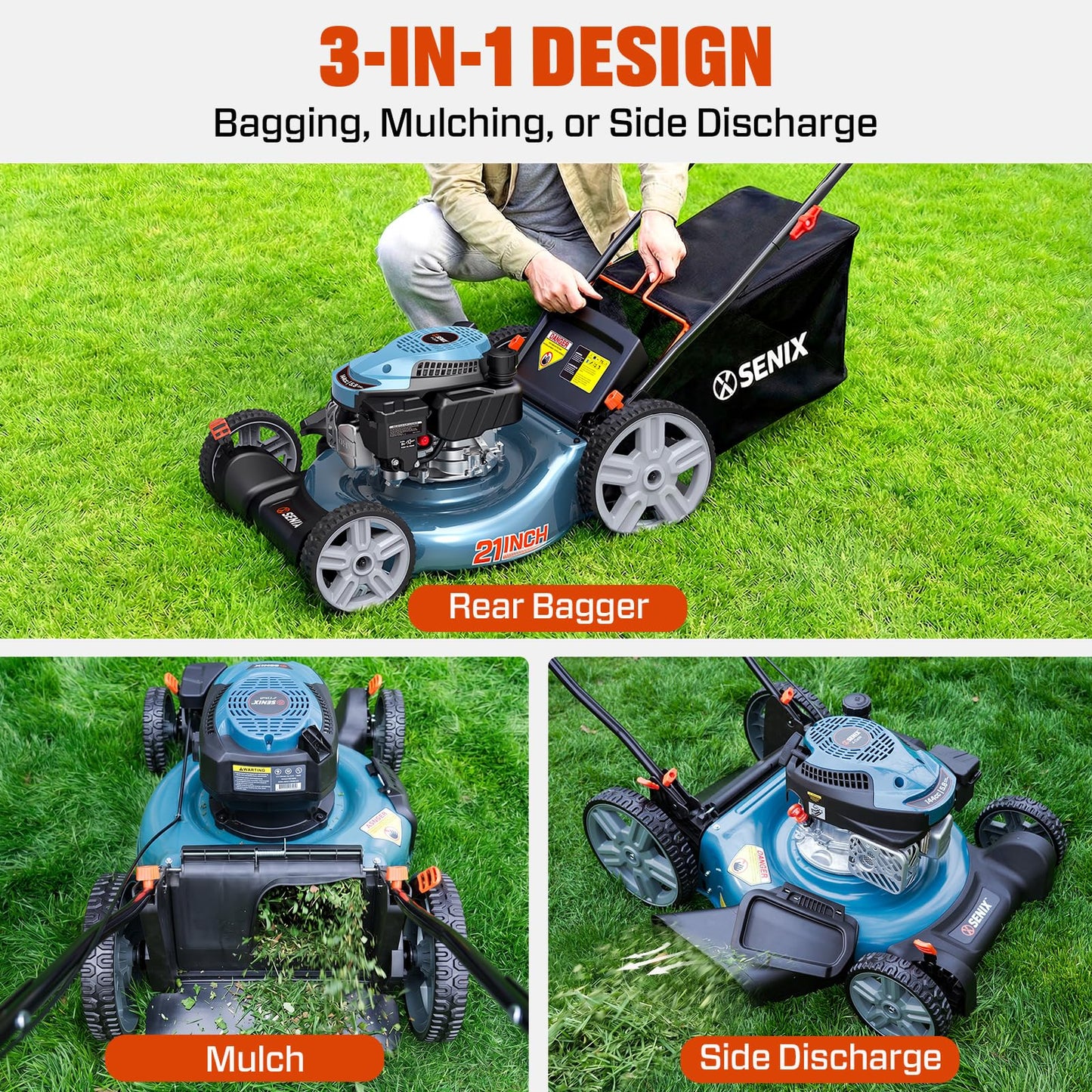 SENIX 21" Gas Lawn Mower 144cc, 3-in-1 Push Mower Mulch Bag Side Discharge