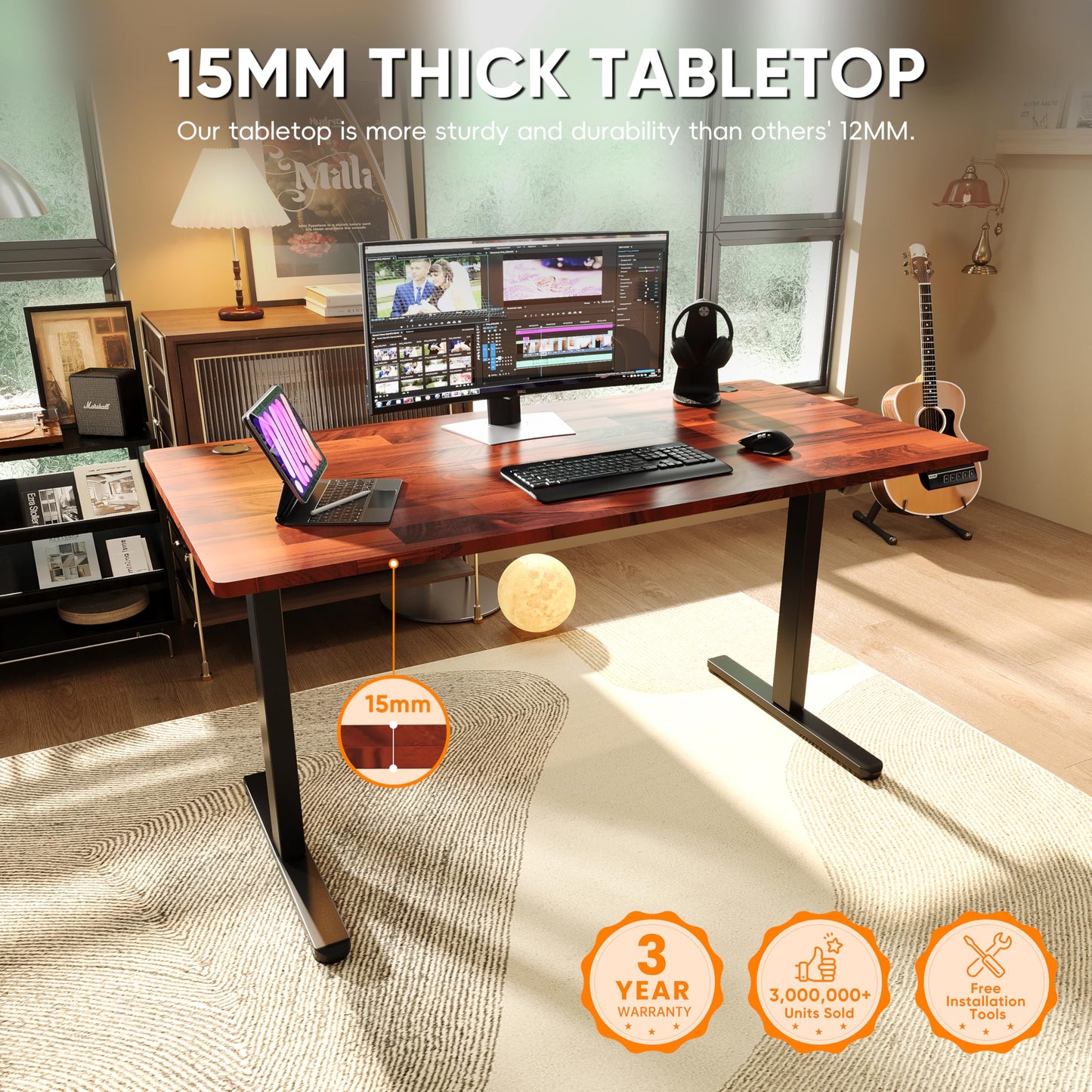 Monomi Height Adjustable Electric Standing Desk, 55 x 24 Inches Stand up Desk, Sit Stand Home Office Computer Desk(Black Frame+Cherry Top)