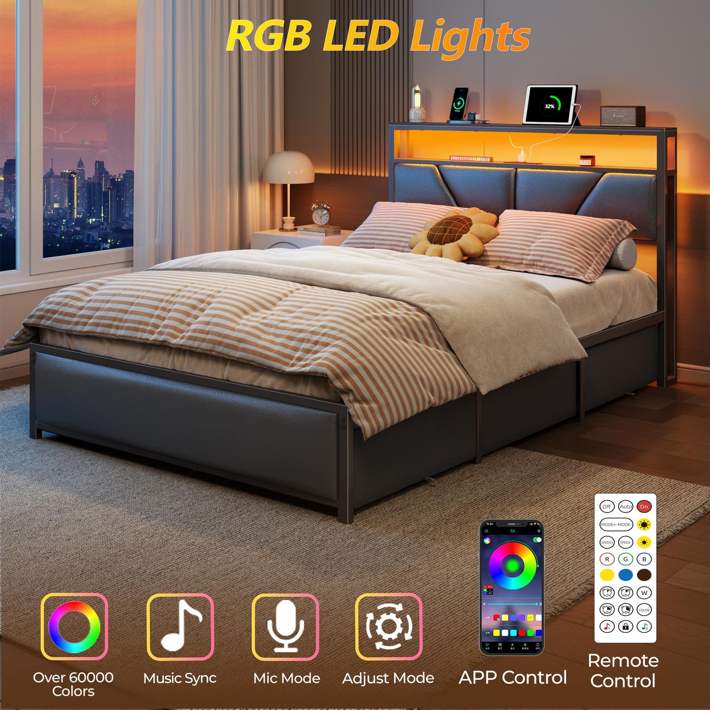OURPIC Full Size Bed Frame, 2-Tier Storage Headboard & 6 Fabric Drawers, PU Leather Upholstered Platform Bed Frame Full with Charging Station and LED Lights, No Box Spring Needed, Noise Free