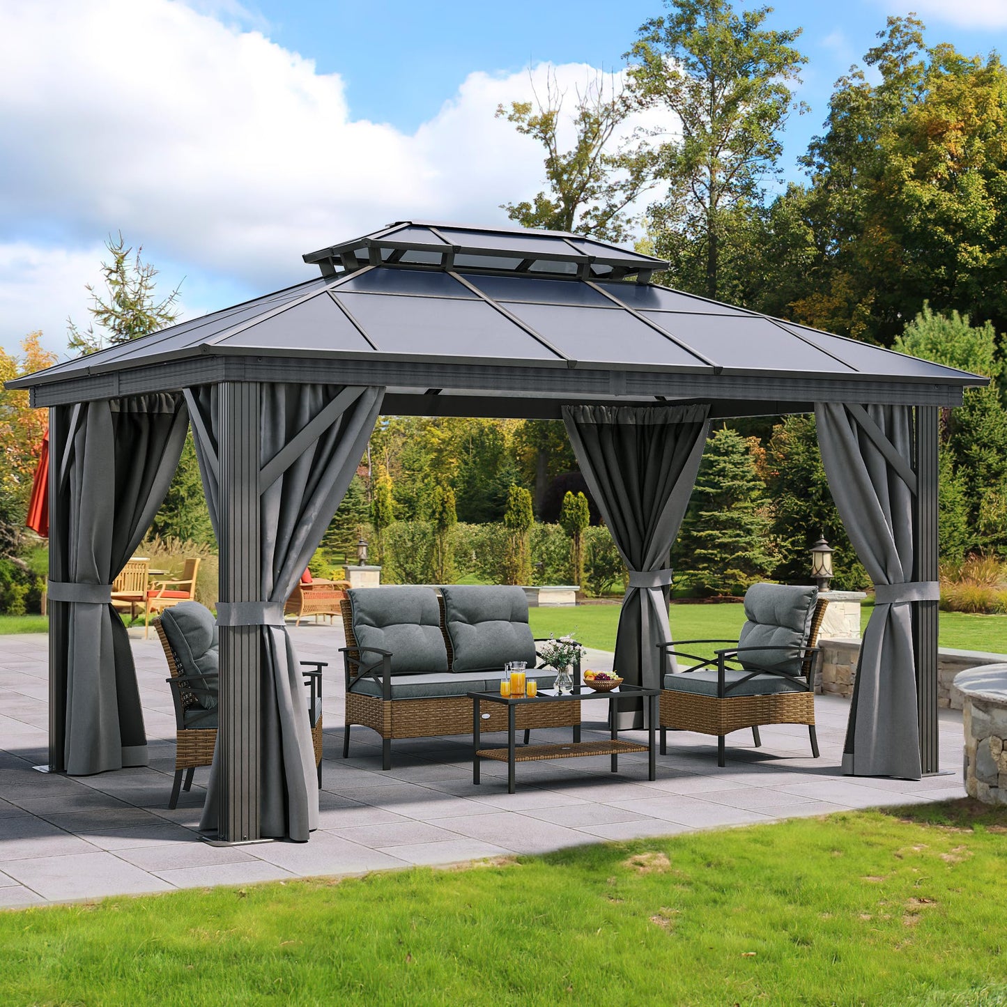 YITAHOME 10X12FT Polycarbonate Gazebo Outdoor Patio Double Top Canopy Galvanized Iron Metal Column Garden Tent Curtains Netting for Backyards Decks Lawns,Gray