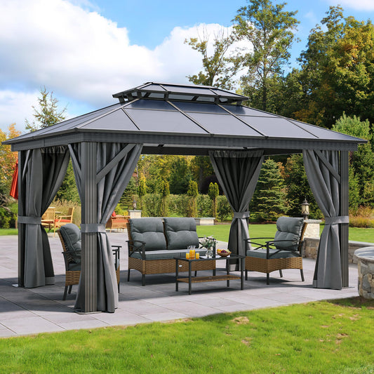YITAHOME 10X12FT Polycarbonate Gazebo Outdoor Patio Double Top Canopy Galvanized Iron Metal Column Garden Tent Curtains Netting for Backyards Decks Lawns,Gray