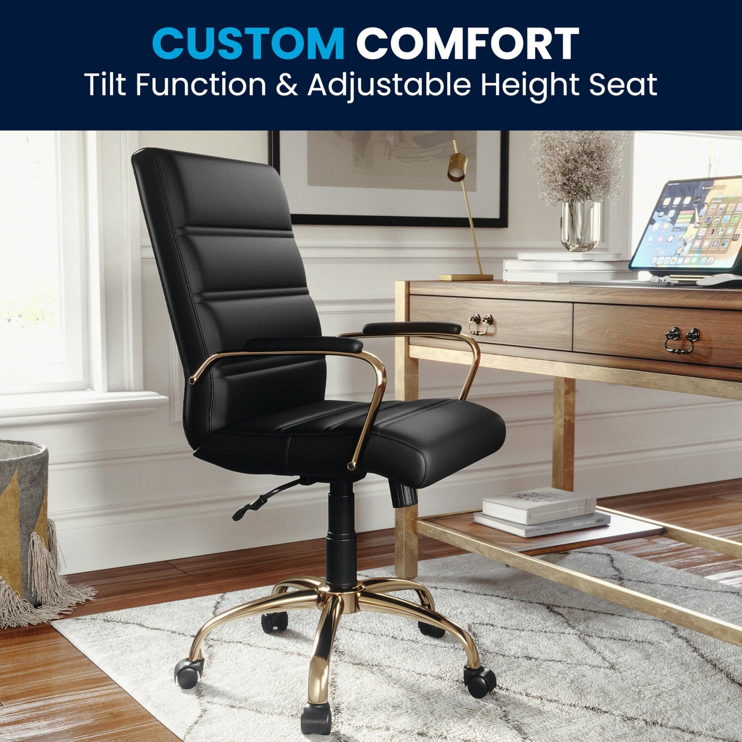 Flash Furniture Whitney Mid-Back Swivel LeatherSoft Desk Chair with Wheels, Padded Seat and Armrests, Adjustable Height Padded Office Chair, Black