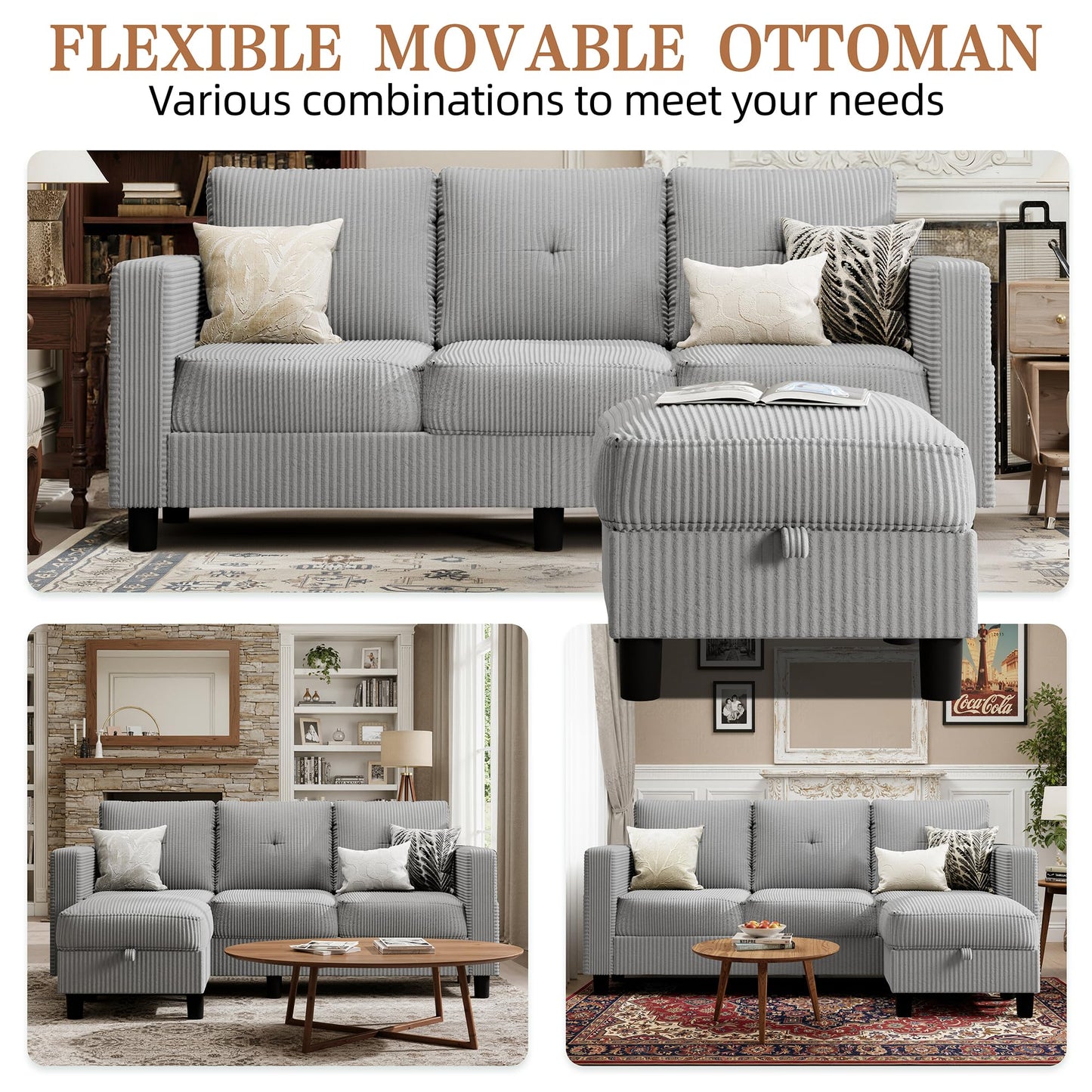 Shintenchi 76" Modern Upholstered Sectional Sofa, L-Shaped Couch with Storage Ottoman and Reversible Chaise for Living Room, Off-Grey Corduroy Fabric