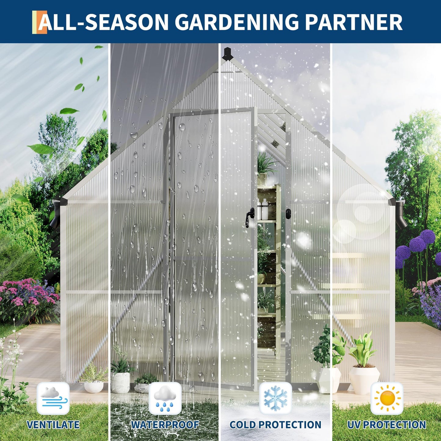 CABIHOME 8x14 FT Outdoor Greenhouse, Polycarbonate Greenhouse with Roof Vent and Ground Nails, Aluminum Large Walk-in Green House w/ Lockable Push Door for Outdoor Garden (Sliver, 8x14 FT)
