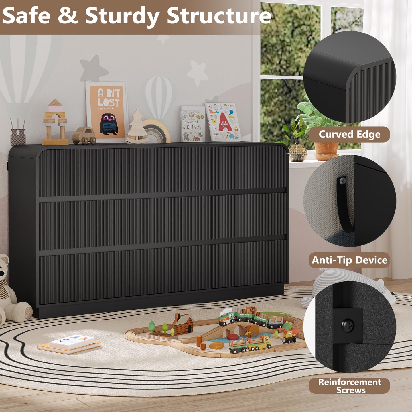 BORNOON Dresser for Bedroom with 9 Drawers, Fluted Chest of Drawers with Round Curved Corner, Hidden Handles, Modern Wood Storage Organizer for Bedroom, Nursery, Living Room