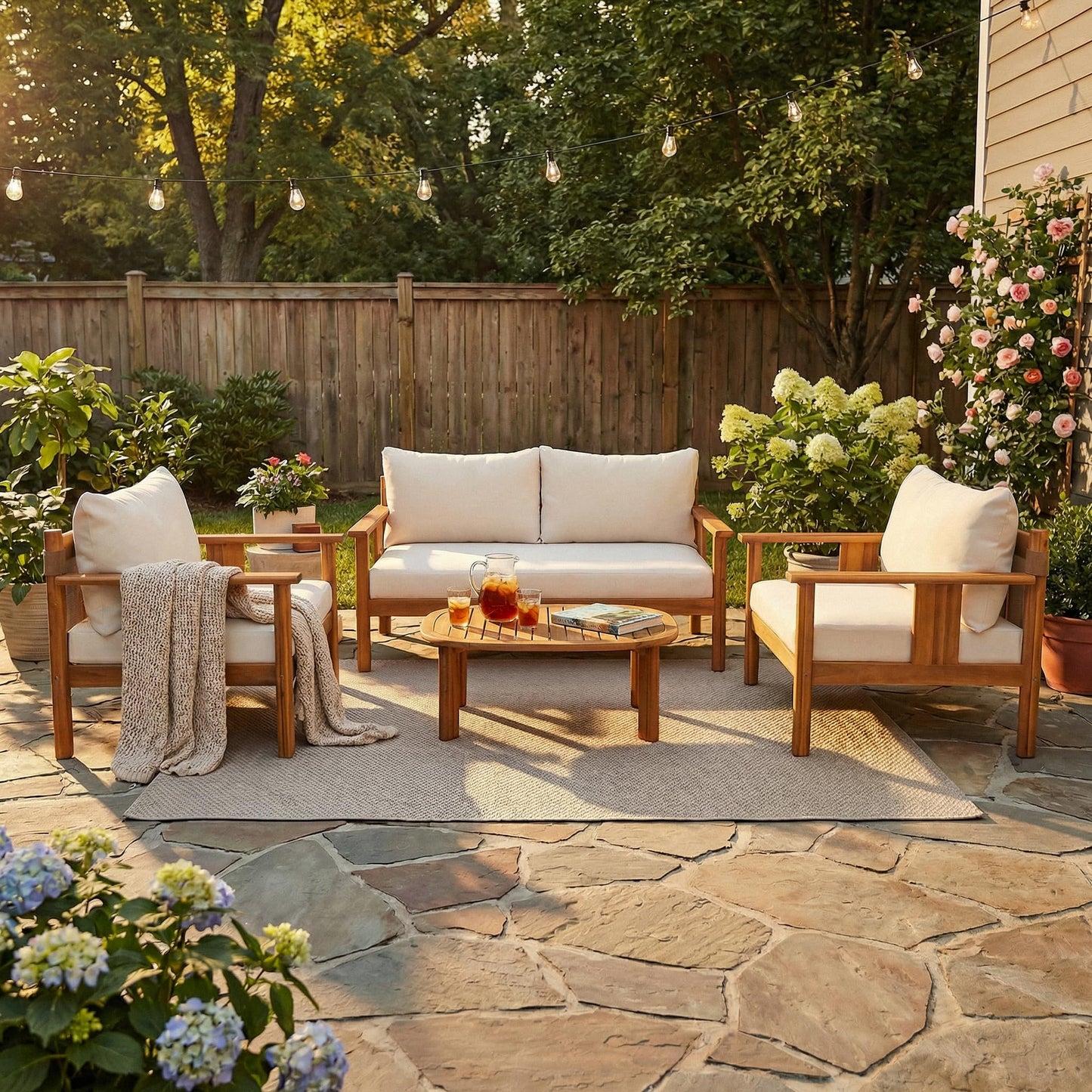 Christopher Knight Home Willy Acacia Wood Patio Furniture Set with Water-Repellent Cushion, 4 Piece Outdoor Acacia Wood Conversation Set, Outdoor Sectional Sofa Set with Coffee Table, Beige+Teak