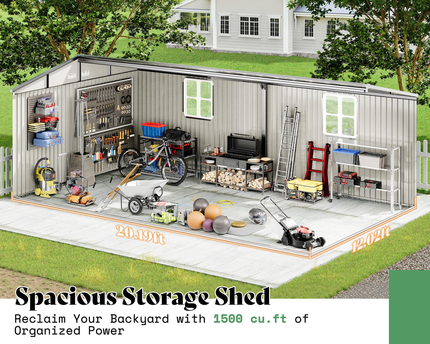 VanAcc 12x20x7.2 FT Outdoor Storage Shed with 2 Transparent Panels, Metal Garden Shed with Hinged Double Doors, Windows & Vents, Reinforced Steel Frame for Backyard Garden, DIY Workshop, Dark Gray
