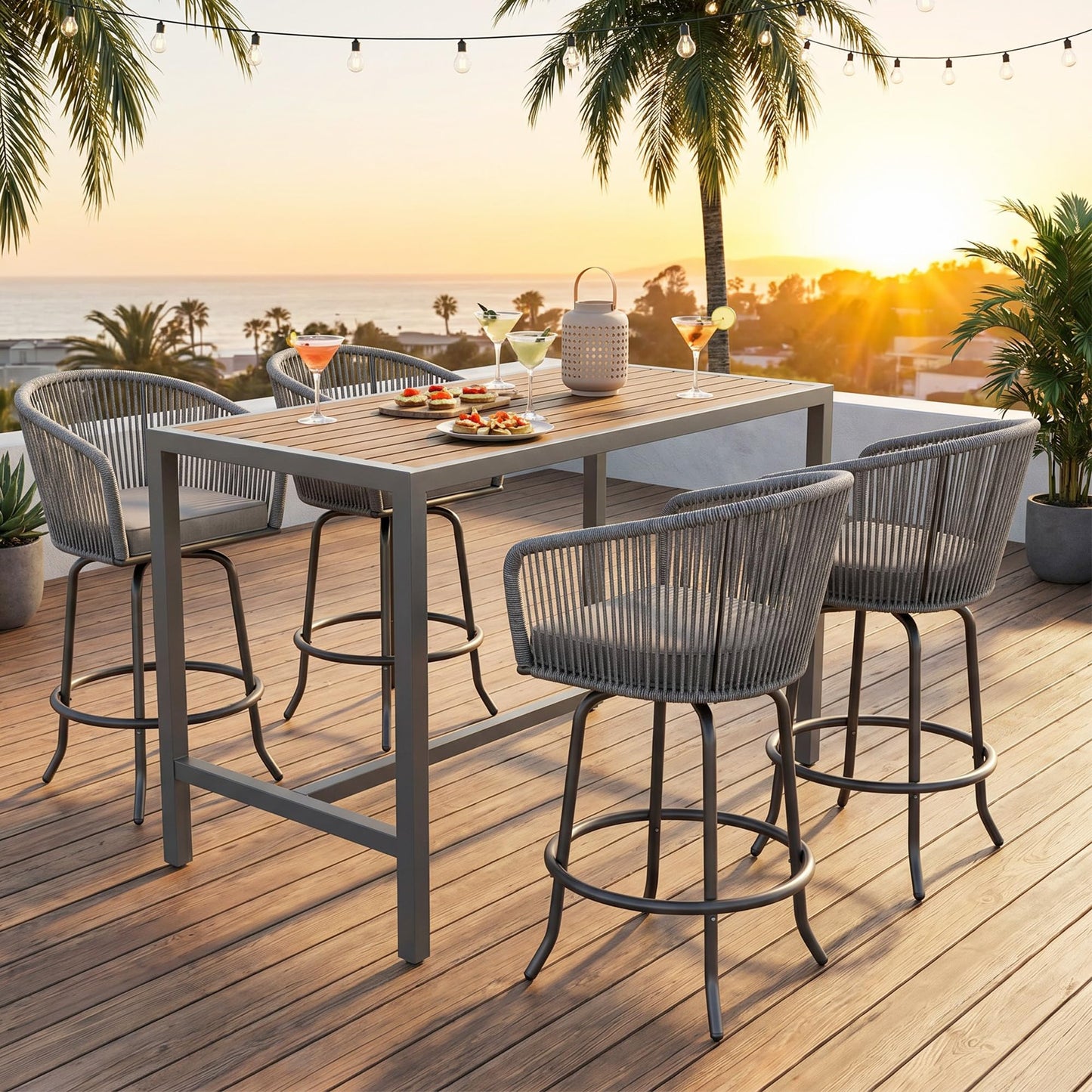 YITAHOME 27" Bar Stools Set of 4 with Arms & Cushions, 360° Swivel Outdoor Bar Stools, All Weather Counter Height Bar Stools Set of 4 with Curved Back for Backyard, Kitchen Island, Dining Room, Gray