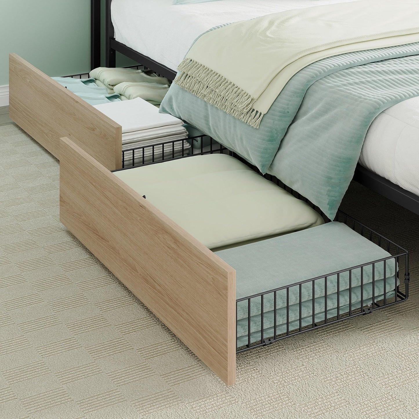 LIKIMIO California King Bed Frame with 4 Storage Drawers, Platform Bed with Charged Headboard, Sturdy and Stable, No Noise, No Box Spring Needed, Easy to Install, Wood and Cream