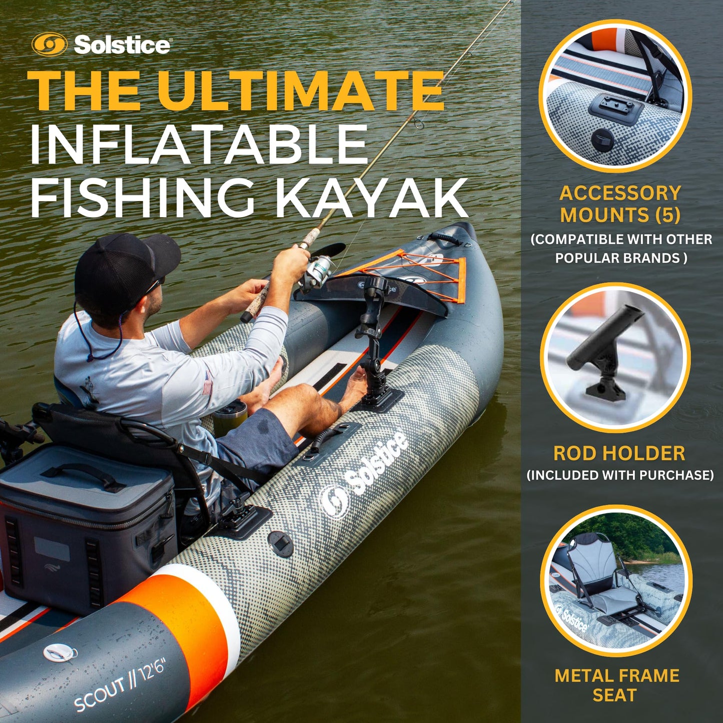 Solstice Inflatable Kayak Boat – Durable, Portable & Adventure-Ready, Heavy Duty PVC – Adjustable Seats, Accessory Mounts, Skeg & Pump Included, Fishing, 1-2 Person Tandem, Scout, Camo, 12'6"