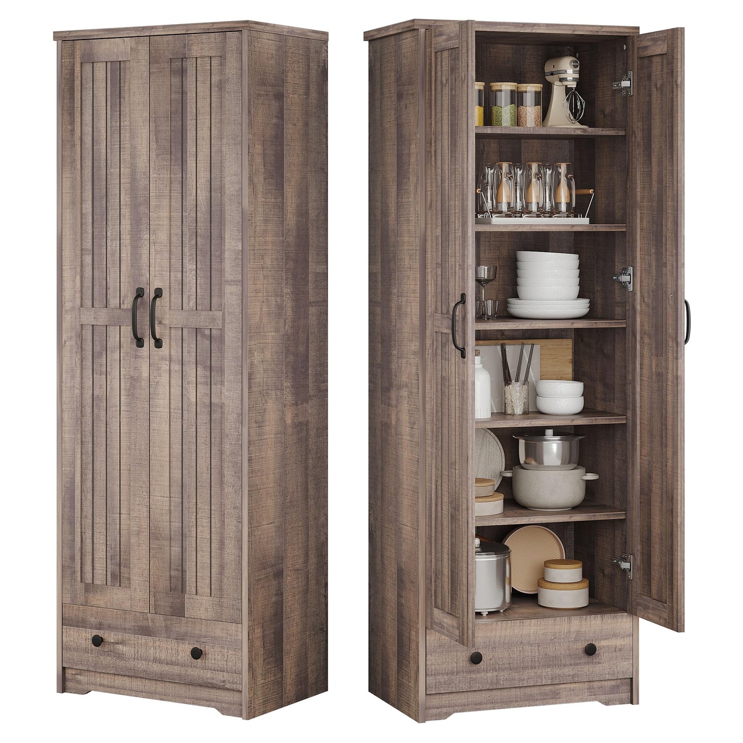 Decofy 70" Tall Storage Cabinets, Large Wood Storage Pantry Cabinet with 6 Adjustable Shelves, 2 Striped Doors & Drawer, Standing Utility Cabinet for Kitchen, Bathroom, Dining Room, Antique (Brown)