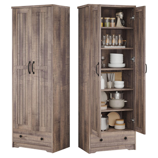 Decofy 70" Tall Storage Cabinets, Large Wood Storage Pantry Cabinet with 6 Adjustable Shelves, 2 Striped Doors & Drawer, Standing Utility Cabinet for Kitchen, Bathroom, Dining Room, Antique (Brown)