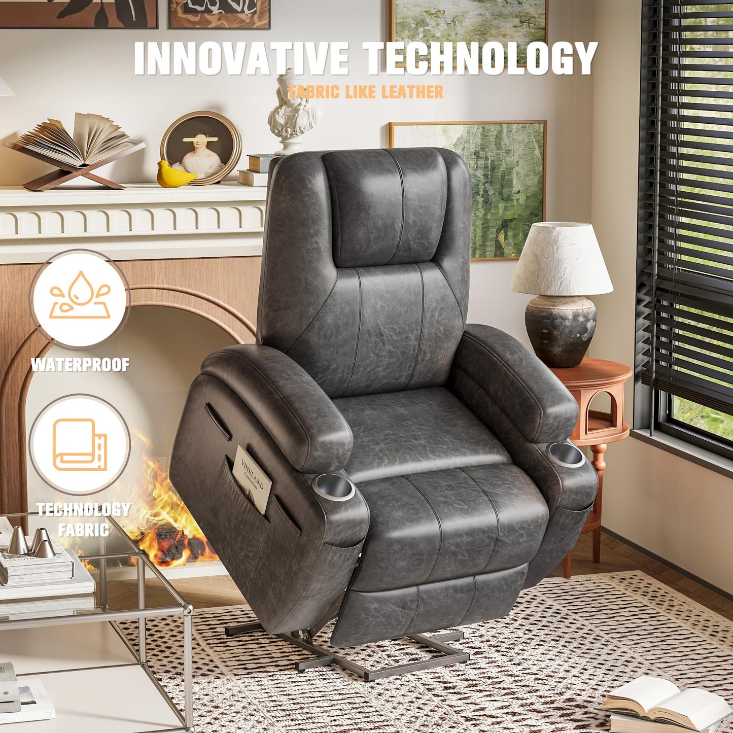 Flamaker Power Lift Recliner Chair Electric Lift Recliner for Elderly Power Lift Recliner Chair with Cup Holders Side Pockets for Living Room (Leathaire, Light Black)