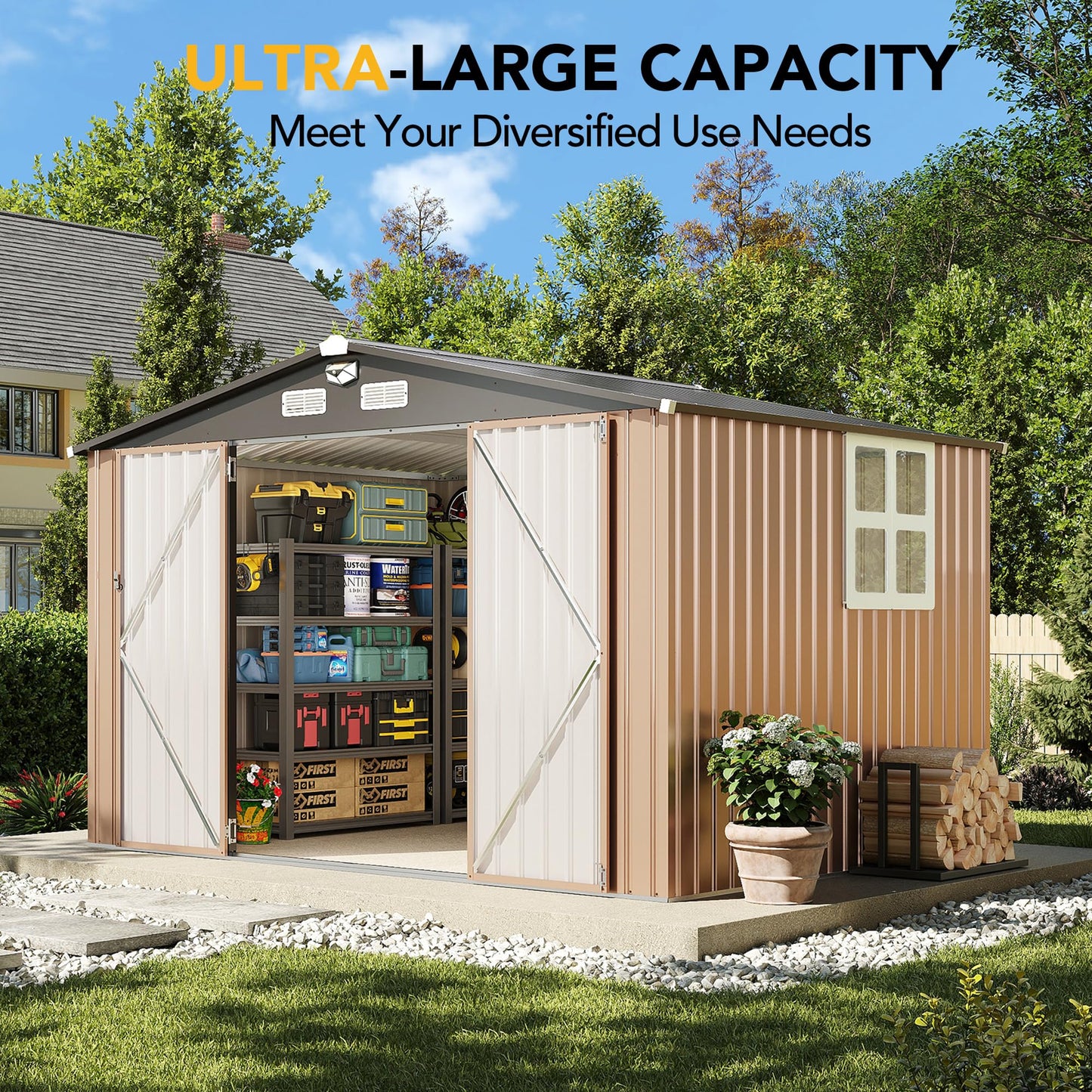 OneBlis 10x8FT Outdoor Storage Shed, Tool Shed with Sloping Roof and Lockable Door, Galvanized Metal Shed for Backyard Garden Patio Lawn, Brown