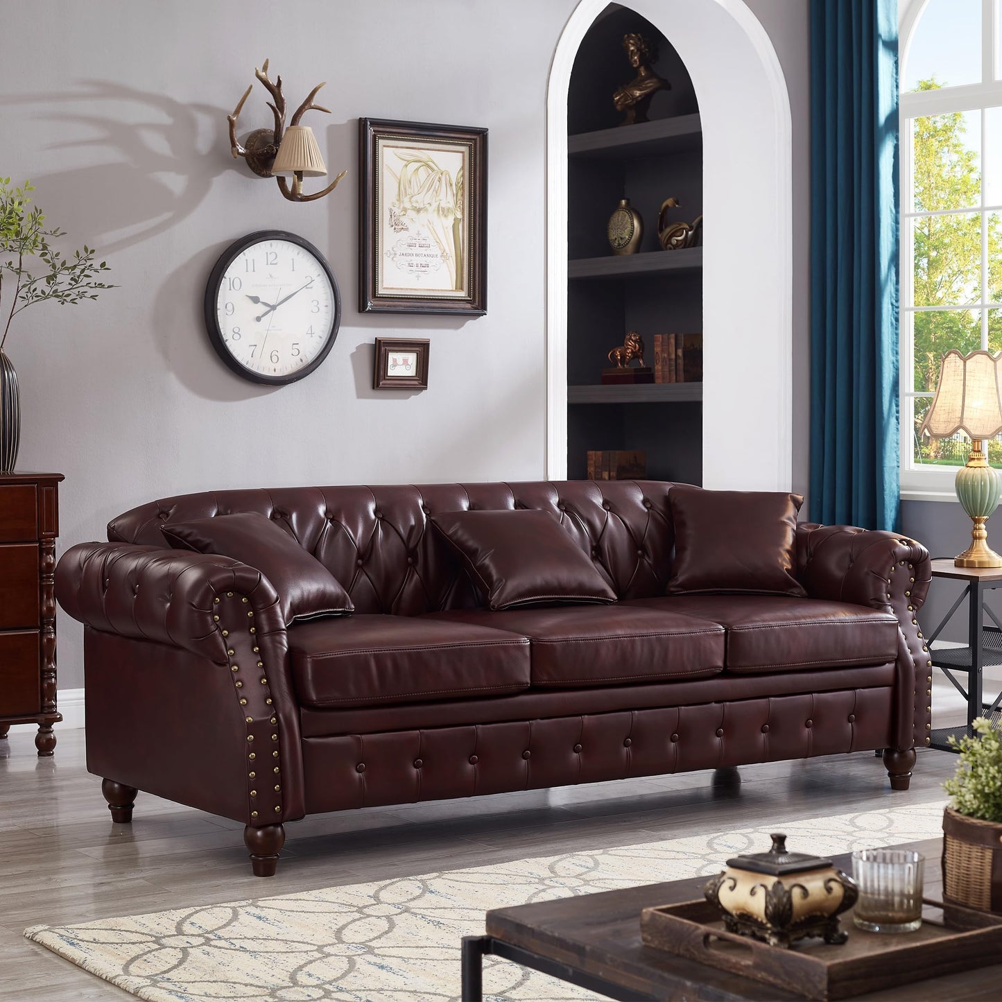 GDFStudio 86" Mid-Century Modern Chesterfield Sofa with Storage, 3 Seater Deep Seat Upholstered Faux Leather Couch with Tufted Back and Nailhead Trim, Rolled Arm Accent Sofa for Living Room, Burgundy