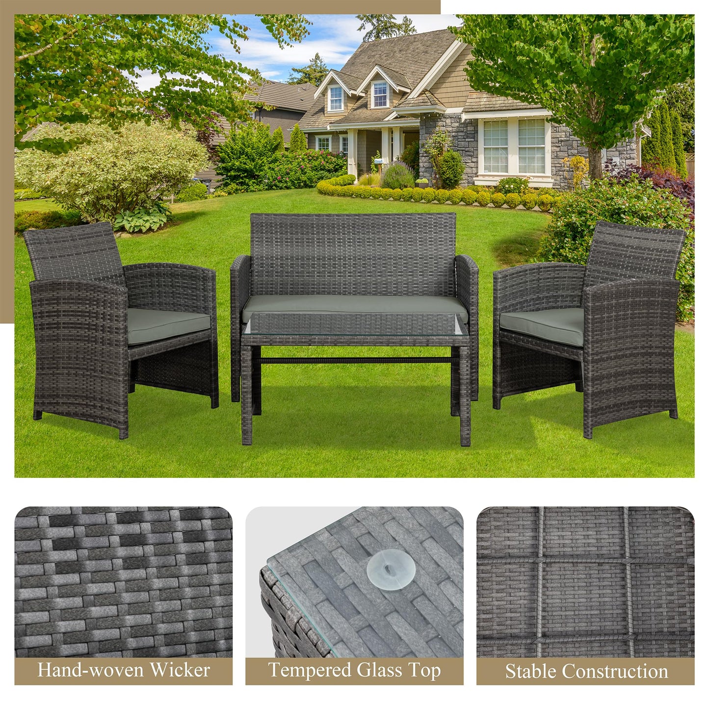 JAMFLY 4 Piece Outdoor Patio Furniture Set, Outdoor Wicker Rattan Chairs Conversation Sets with Cushions & Coffee Table for Outside, Garden, Balcony, Porch, Grey