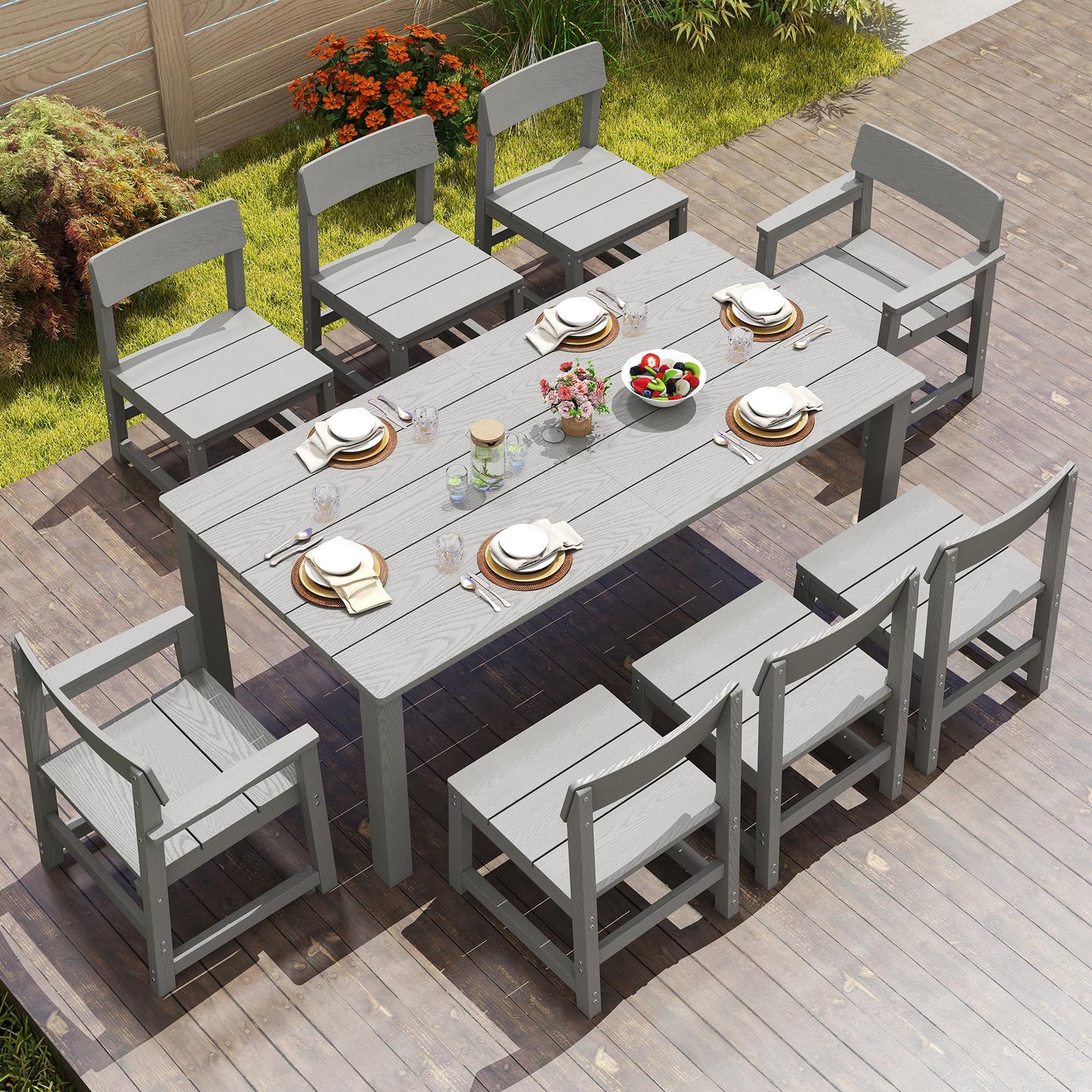 Jocoevol 9 Piece Patio Dining Sets for 8 HIPS Outdoor Dining Table Set with Umbrella Hole Table and 8 Chairs Furniture for Backyard Poolside Garden, Grey