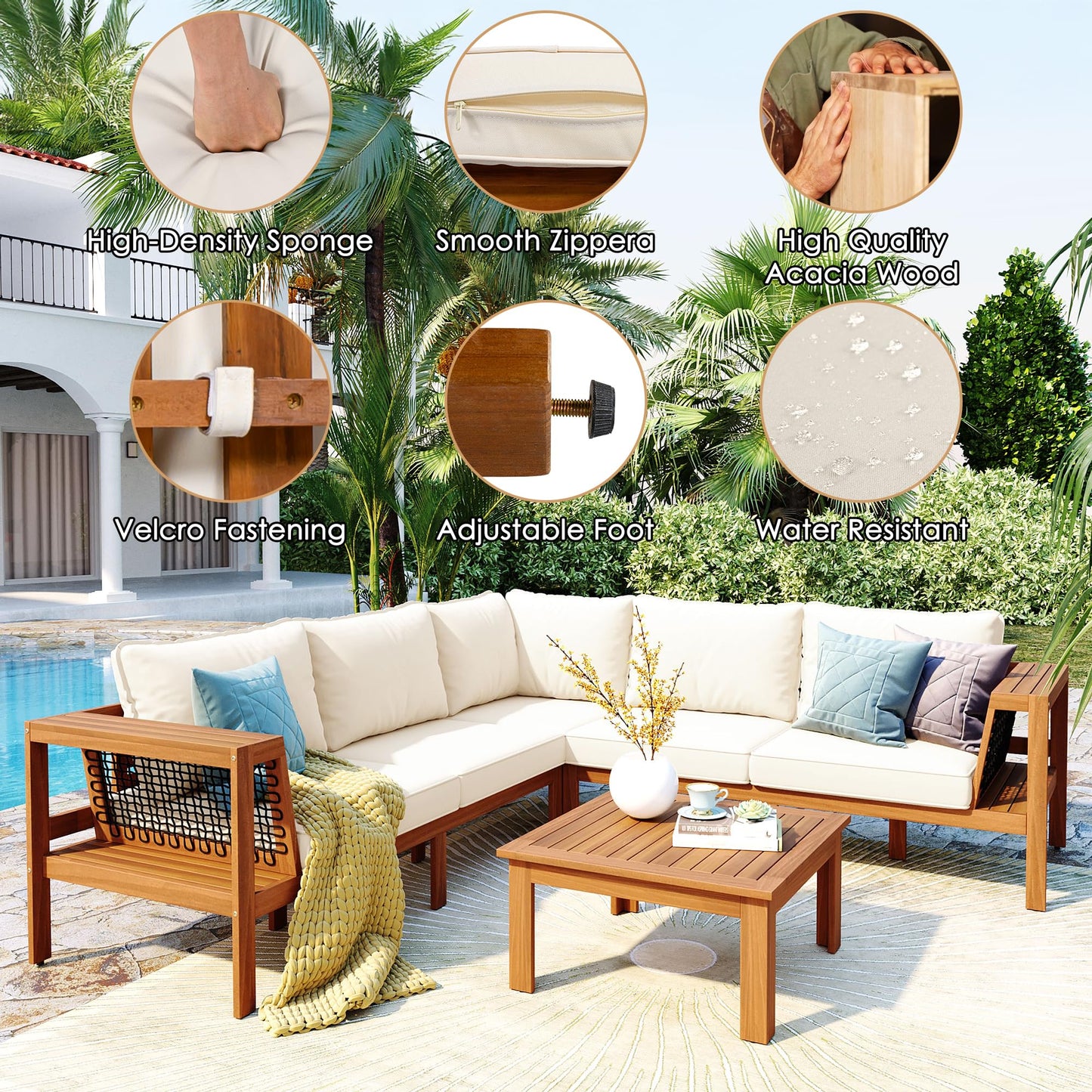 Merax 4 Pieces Patio Furniture Set, Outdoor L-Shaped Sectional Sofa Set with Coffee Table, Acacia Wood Conversation Seating & Thick Cushions and Side Table, for Backyard, Garden and Poolside, Beige