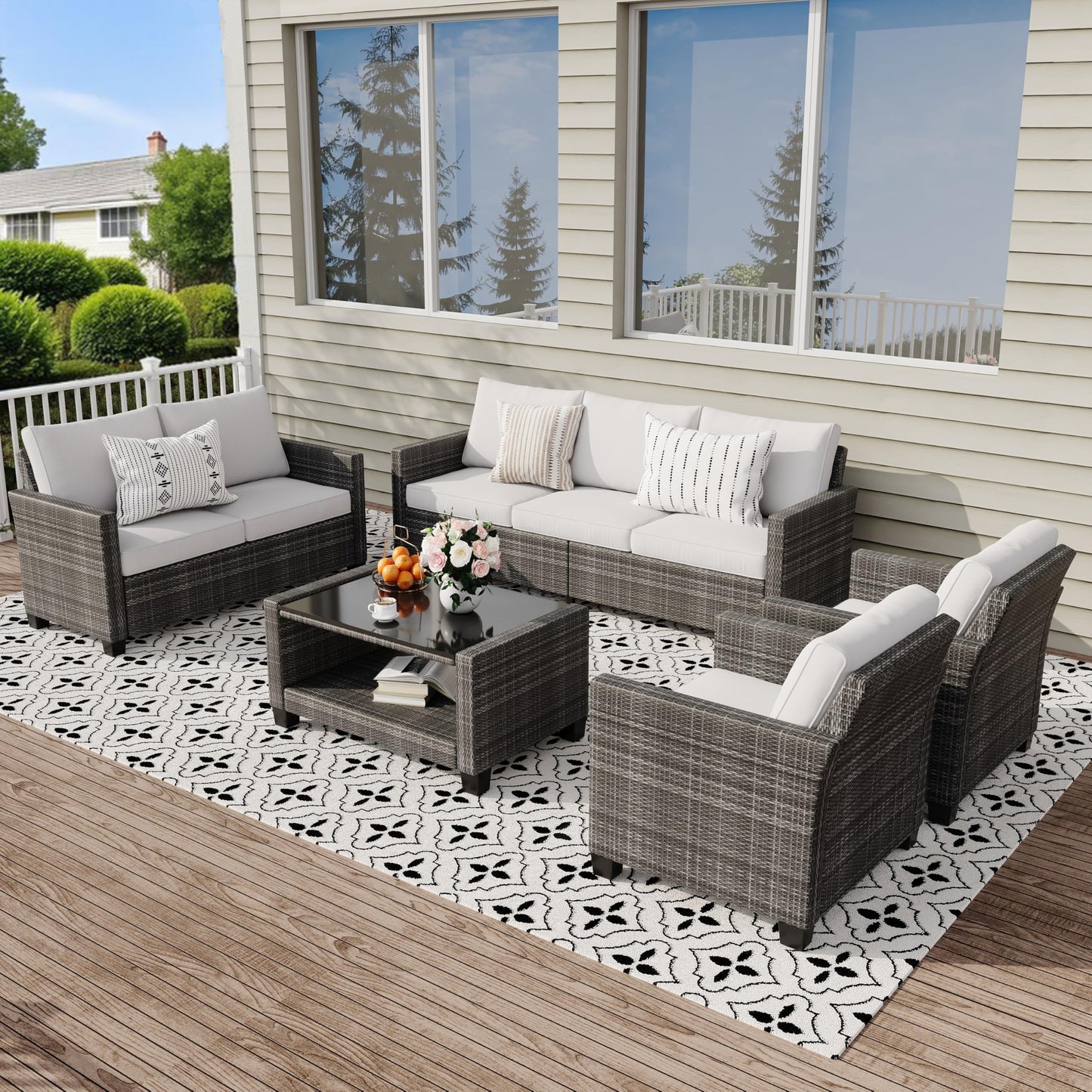 Garvee Patio Furniture Set 5 Pieces, 7-Seat PE Rattan Wicker Outdoor Sectional Patio Conversation Set with Waterproof Cusions and Coffee Table, Grey and Grey