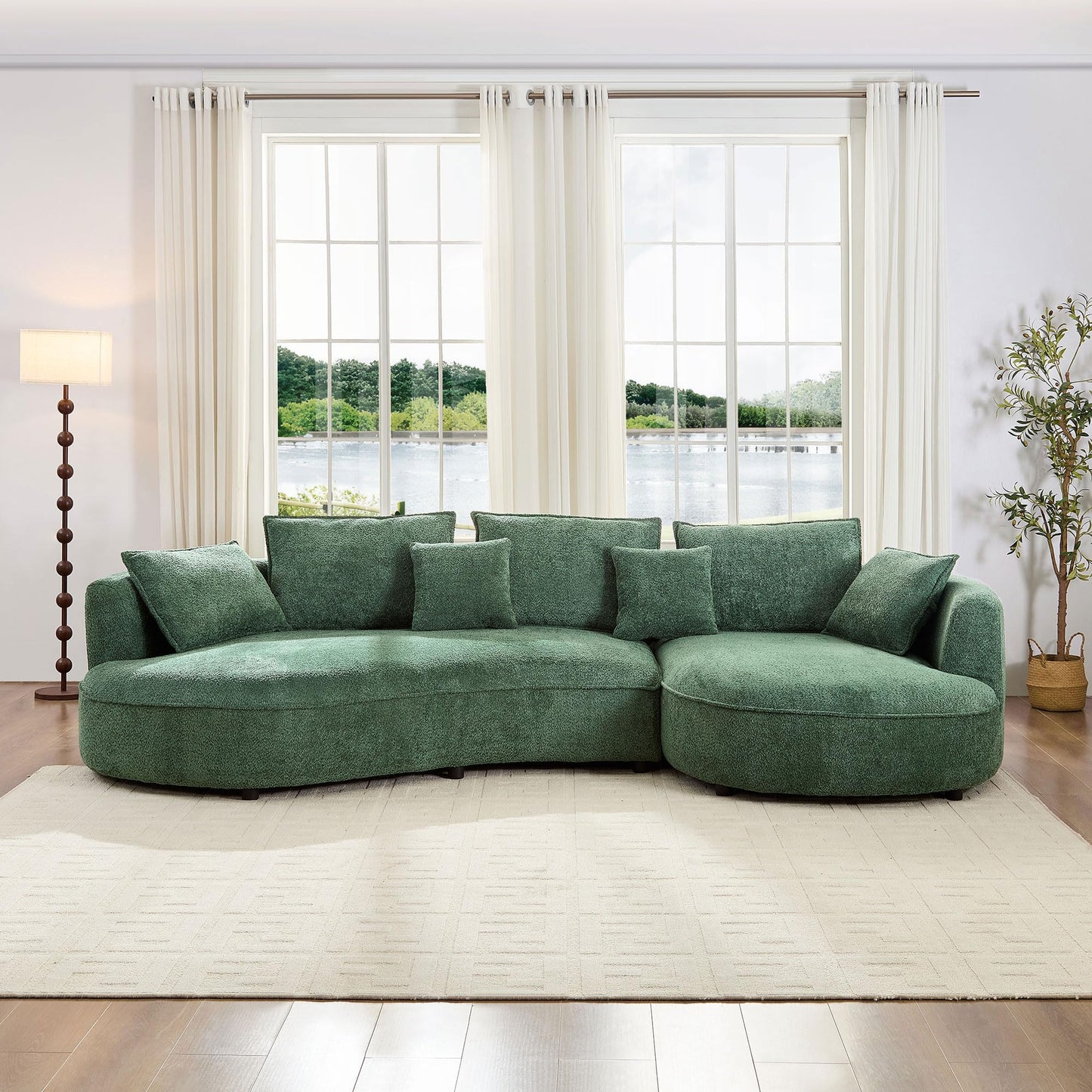 KEIKI 125" Luxury Curved Boucle Sectional Sofa with Right Chaise, Upholstered Modern Style Oversized 5-Seater Couch with Thickened Seat Cushions, Easy Assembly, for Apartment, Living Room, Green