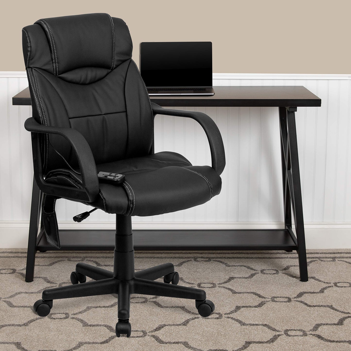 Flash Furniture Laverne Mid-Back Ergonomic Massaging Black LeatherSoft Executive Swivel Office Chair with Arms