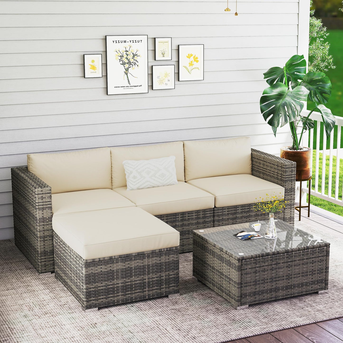 Wisteria Lane 5 Piece Outdoor Patio Furniture Set, All Weather Wicker Rattan Sectional Sofa Conversation Set with Cushions & Glass Coffee Table, Ideal for Backyard Porch Garden Balcony, Beige