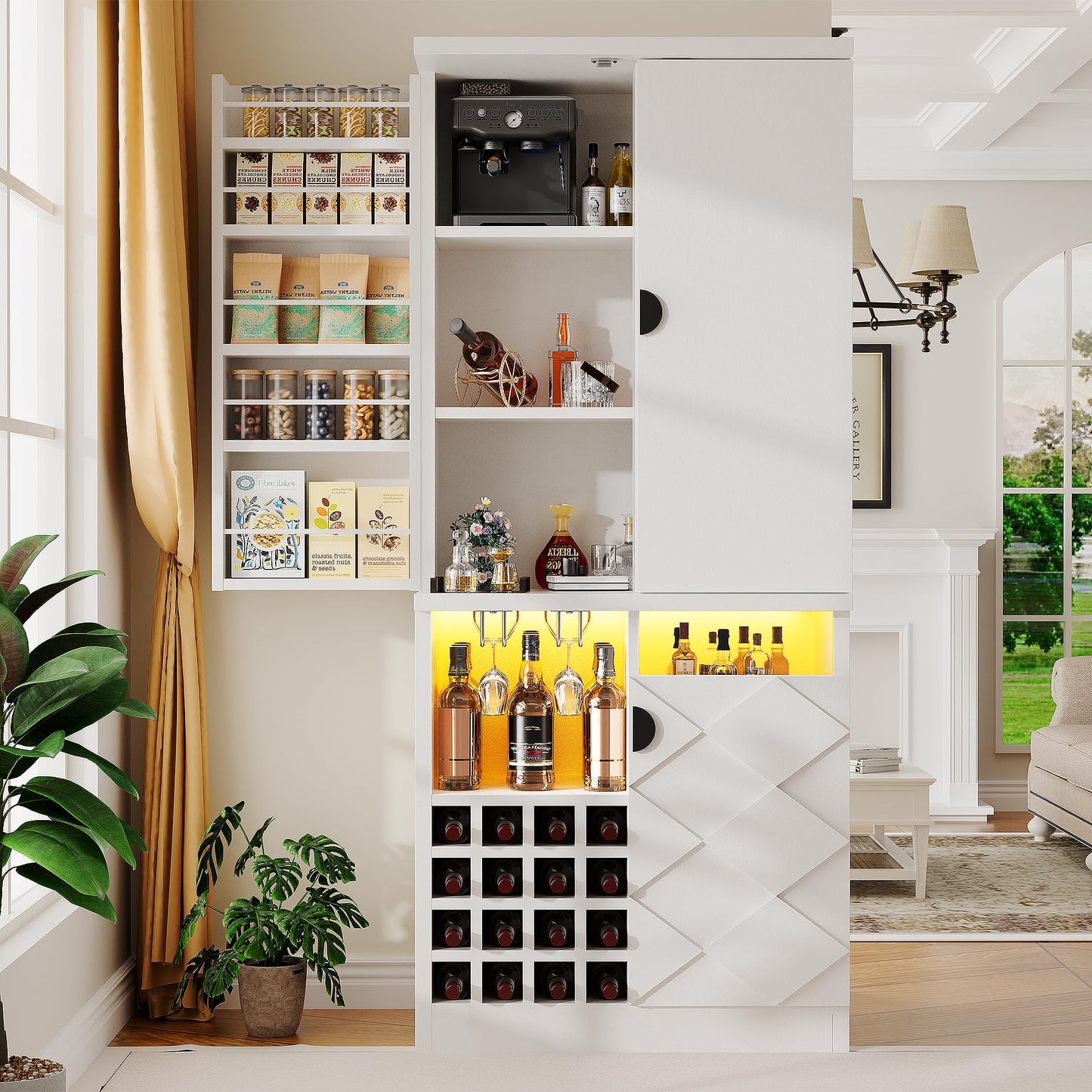 kepptory 72" Tall Kitchen Pantry Storage Cabinet, Freestanding Bar Cabinet with RGB LED Light, White Kitchen Buffet Sideboard with Doors for Dining Room Living Room