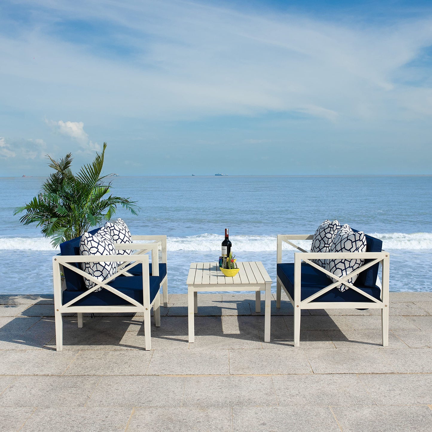 SAFAVIEH Outdoor Collection Nunzio Off-White/Navy Blue Cushion 4-Piece Conversation Patio Set with Accent Pillows
