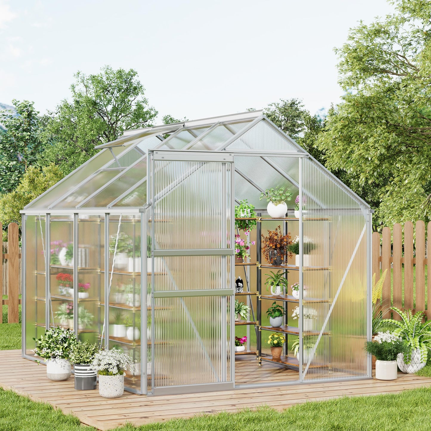 GarveeHome 6x8FT Greenhouse, Large Walk-in Polycarbonate Greenhouse with Adjustable Vent Window, Sliding Door, Portable Green House Kit for Outdoors, Winter