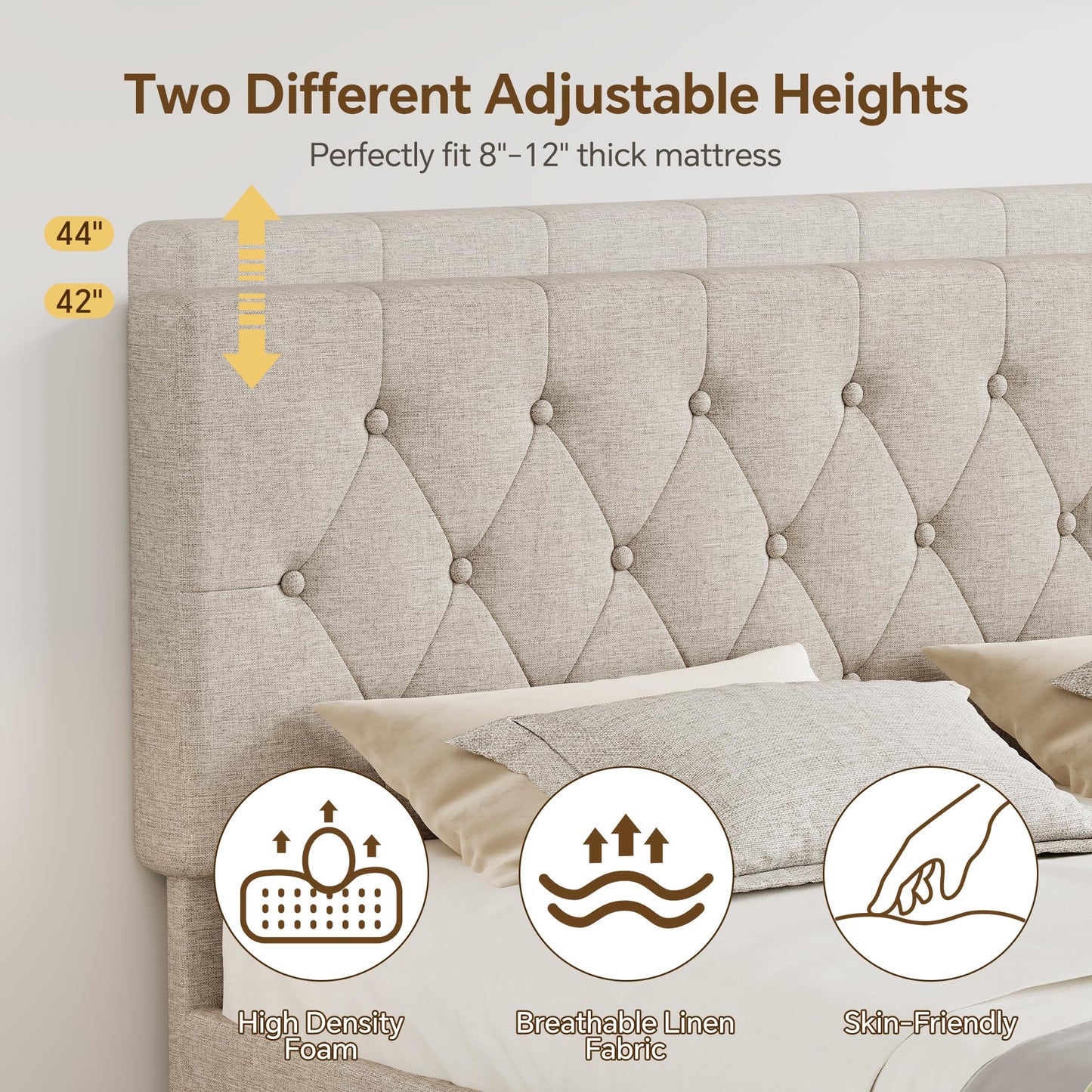 Ball & Cast Queen Bed Frame with Adjustable Headboard,Upholstered Platform Bed Frame Queen Size with 2 Wood Storage Drawers & Pull‑Out Trundle Bed,Wooden Slats Support,No Box Spring Needed,Taupe