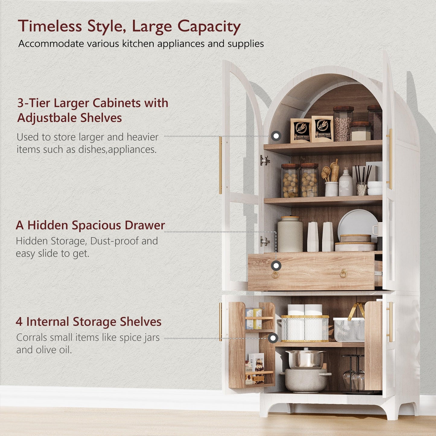 Merax 71" Farmhouse Arched Pantry Cabinet with Glass Doors & Hidden Drawer, Adjustable Shelves Storage Cupboard for Kitchen/Dining Room, White