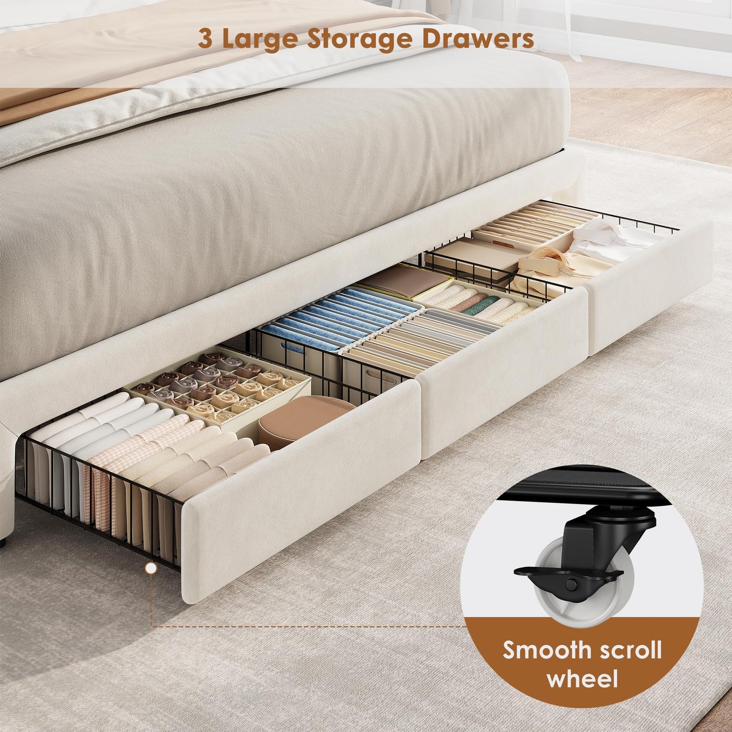 Garvee King Size Bed Frame with Storage, Velvet Upholstered Platform Bed Frame with Crystal Tufted Headboard, Charging Station, 3 Drawers, No Box Spring Needed, Noise-Free,for Bedroom, Ivory