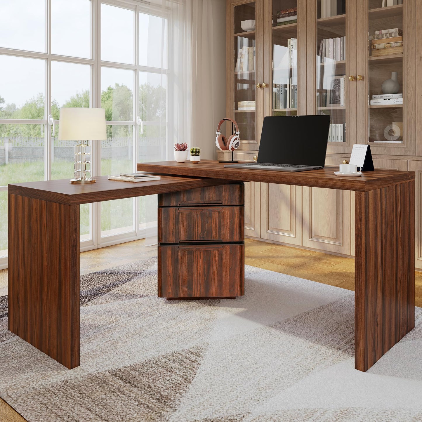 Merax 360° Rotating L-Shaped Desk with 3 Drawers | 90" Modern Corner Computer Desk for Home Office, Living Room, Executive Writing Study Work, Walnut