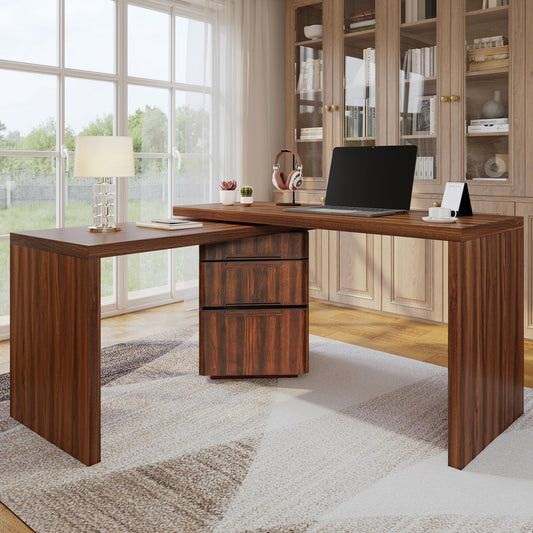 Merax 360° Rotating L-Shaped Desk with 3 Drawers | 90" Modern Corner Computer Desk for Home Office, Living Room, Executive Writing Study Work, Walnut