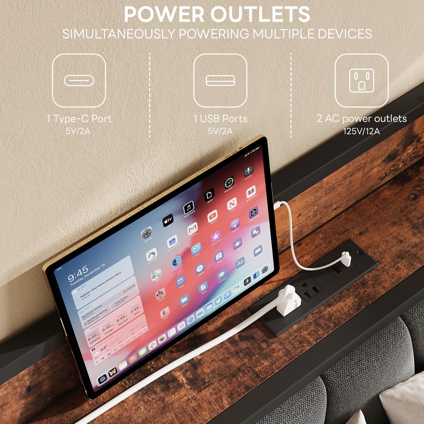 LIKIMIO King Size Bed Frame, Storage Headboard with Charging Station, Solid and Stable, Noise Free, No Box Spring Needed, Easy Assembly