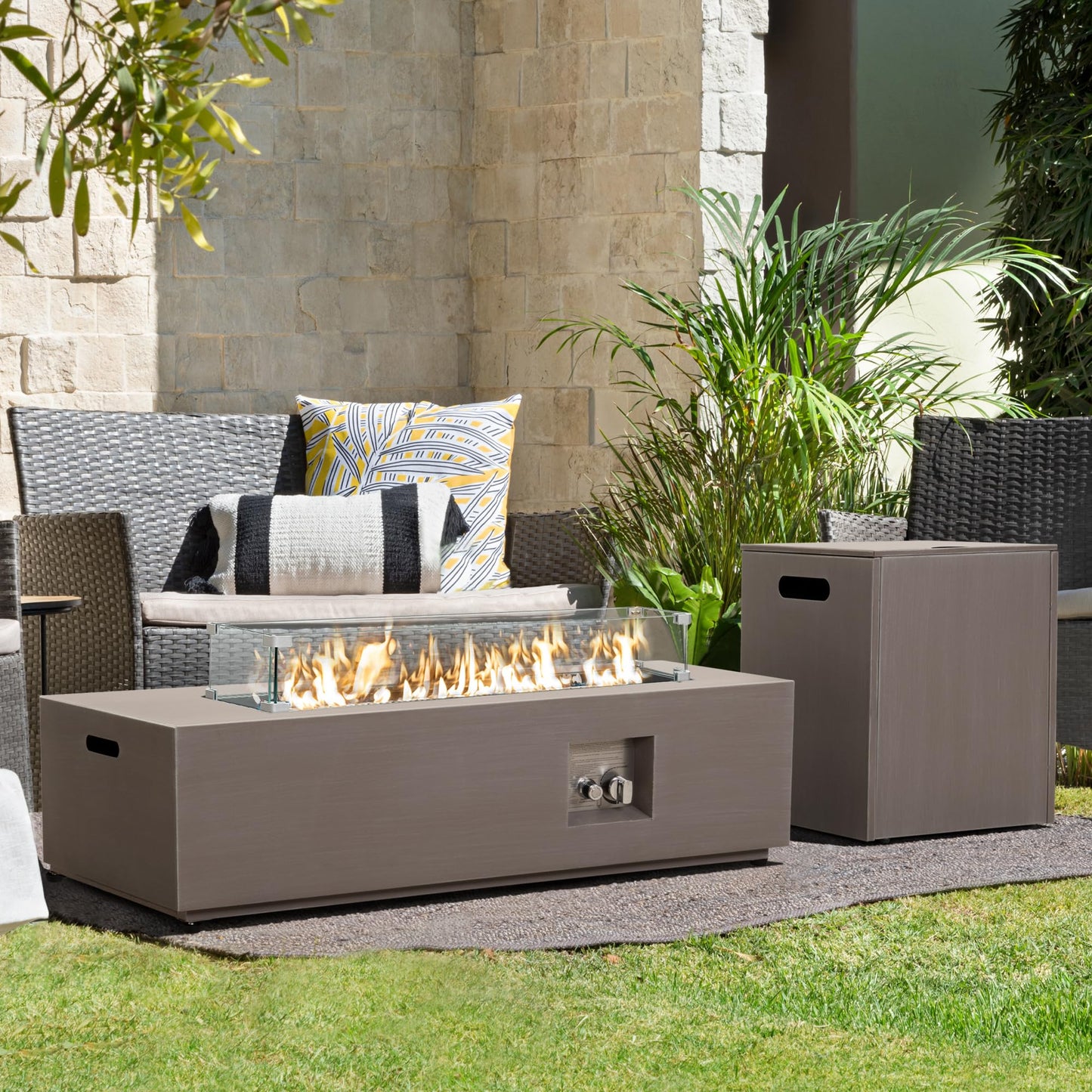 Werph 42’’ Propane Fire Pit Table Set with Tank Holder, CSA Certifed 50,000 BTU Outdoor Firepit Table, Wind Guard & Glass Stones, Smoke-Free Rectangular Fire Table for Garden Porch Backyard