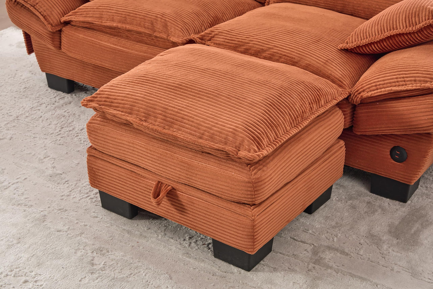 102" Oversized Cloud Modular Sectional Sofa with Movable Ottoman, Free Combination Convertible L Shaped Corner Couch Sets,Comfy Corduroy Upholstered Orange Sofa & Couch for Living Room