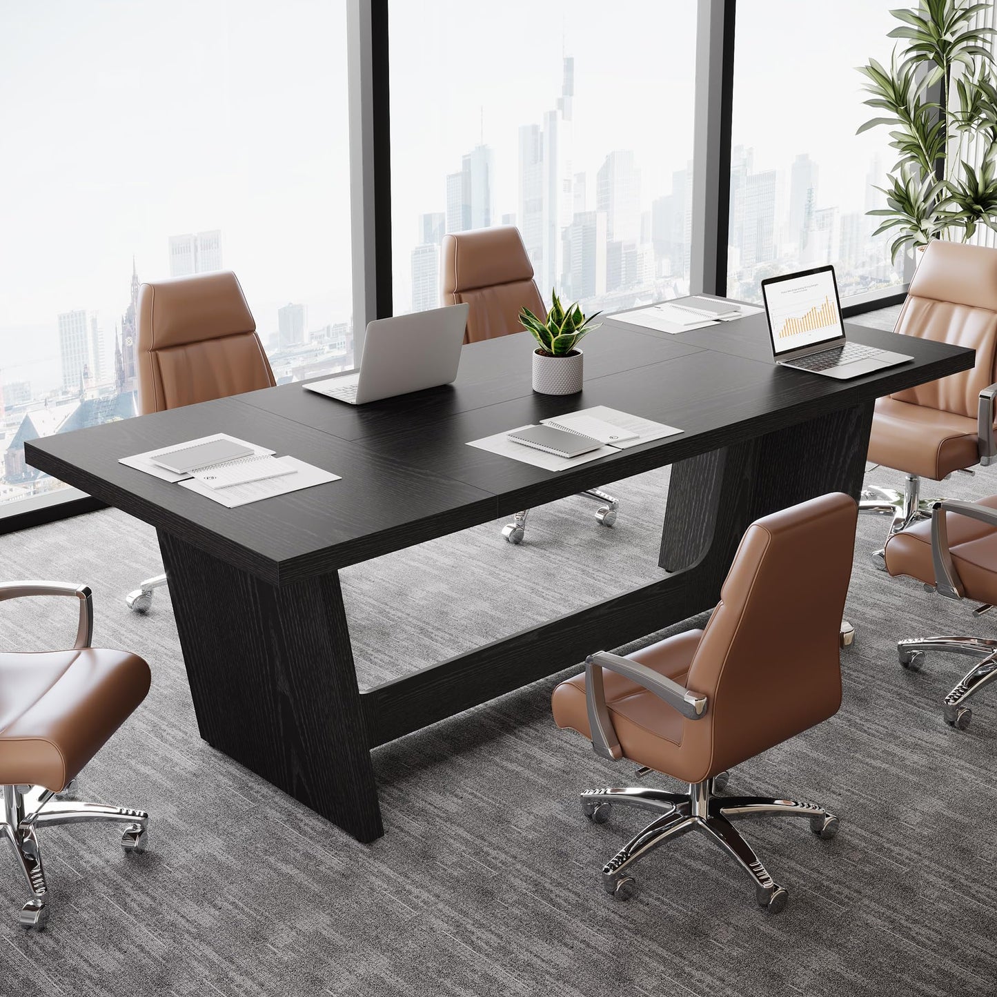 Tribesigns 6 FT Conference Table, 71" Rectangular Meeting Table for Office Conference Room, Large Executive Seminar Desk for 6-8, Wooden Business Boardroom Table with Heavy-Duty Pedestal Base, Black