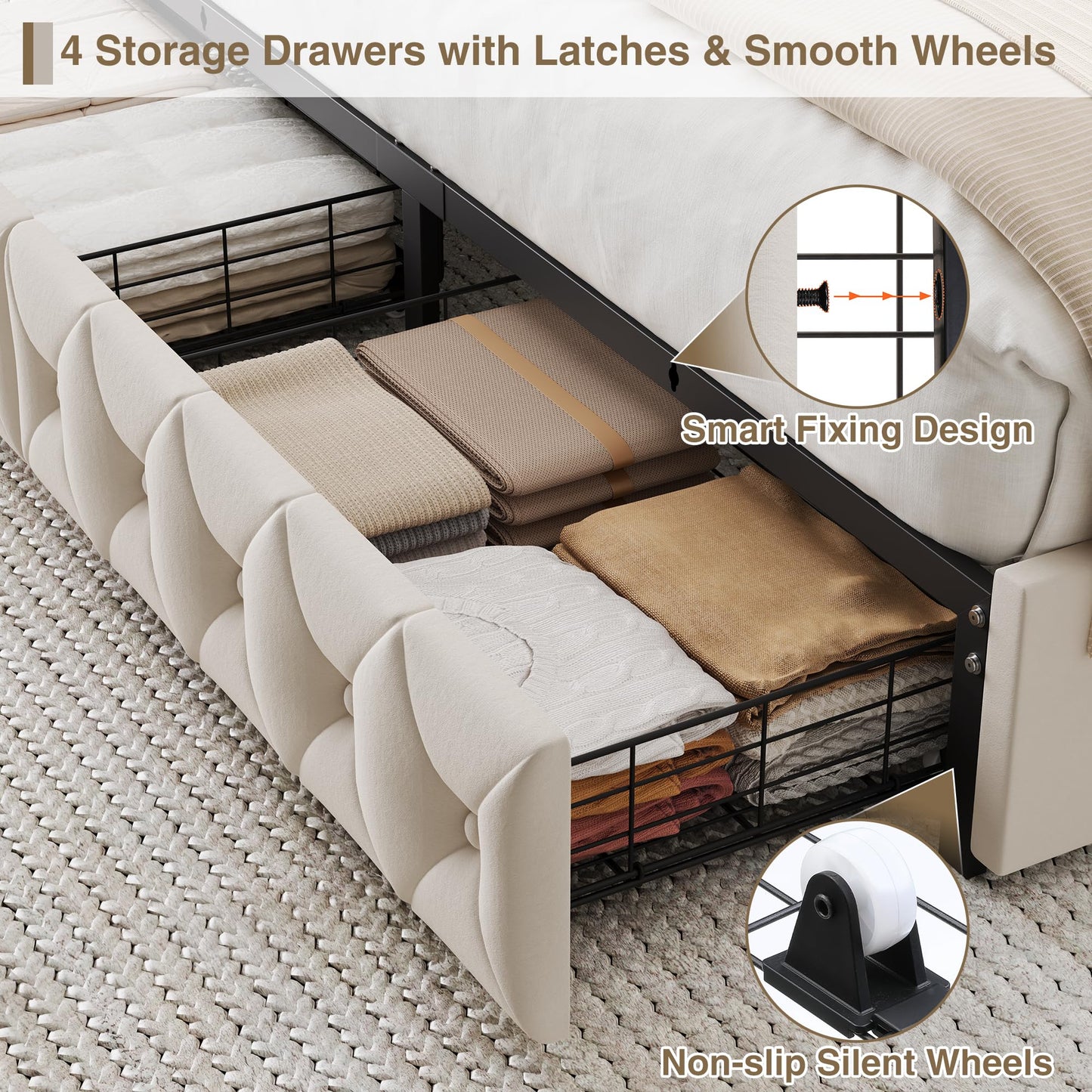 Keyluv King Size LED Bed Frame with 4 Storage Drawers and Adjustable Headboard, Velvet Upholstered Button Tufted Modern Platform Bed, Solid Wooden Slats Support, Easy Assembly, Beige