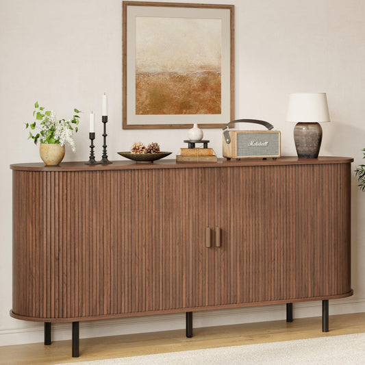 Buffet Sideboard Cabinet with Storage, 63" Fluted Cabinet with Sliding Door & Adjustable Shelf, Modern Accent Coffee Bar Console Table for Kitchen, Entryway, Walnut