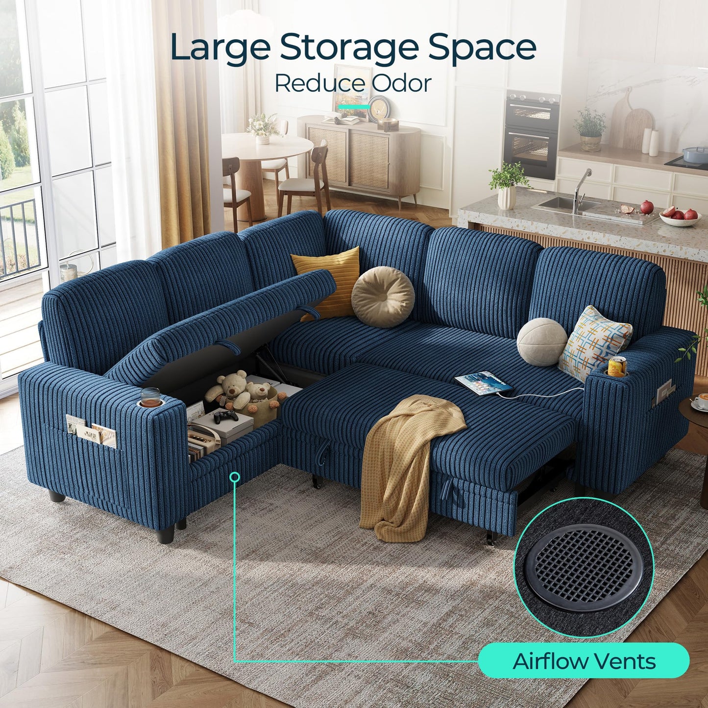 LINSY HOME Sleeper Sofa Bed with Pull Out Couch Modular Sectional Sofa (Blue, Sleeper Sofa 2) | Pull Out Sofa Bed, USB Charging, Cup Holders, Plush Corduroy, Storage