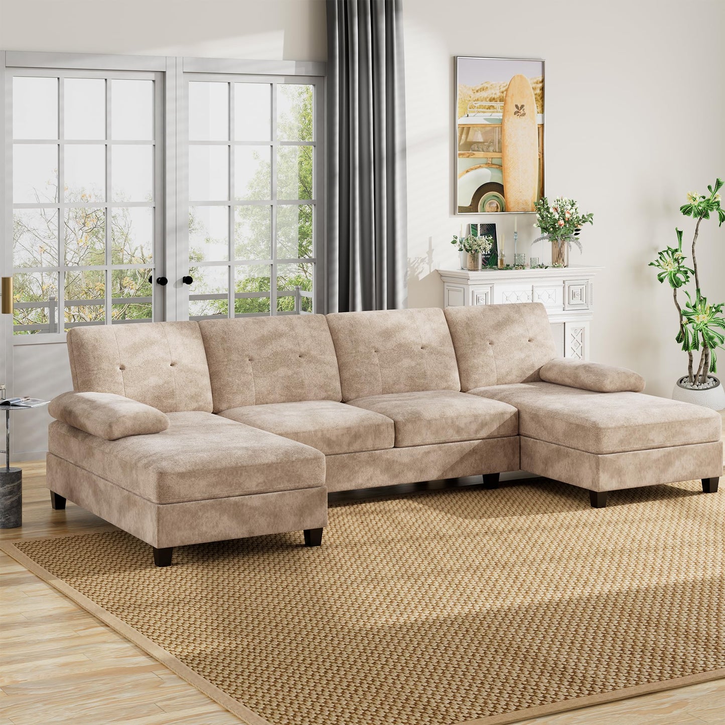 U-Shaped Sectional Couches for Living Room, 4 Seat Sofa with Double Chaise Lounges,Solid Wood Frame Sectional Sofa for Apartment,Beige