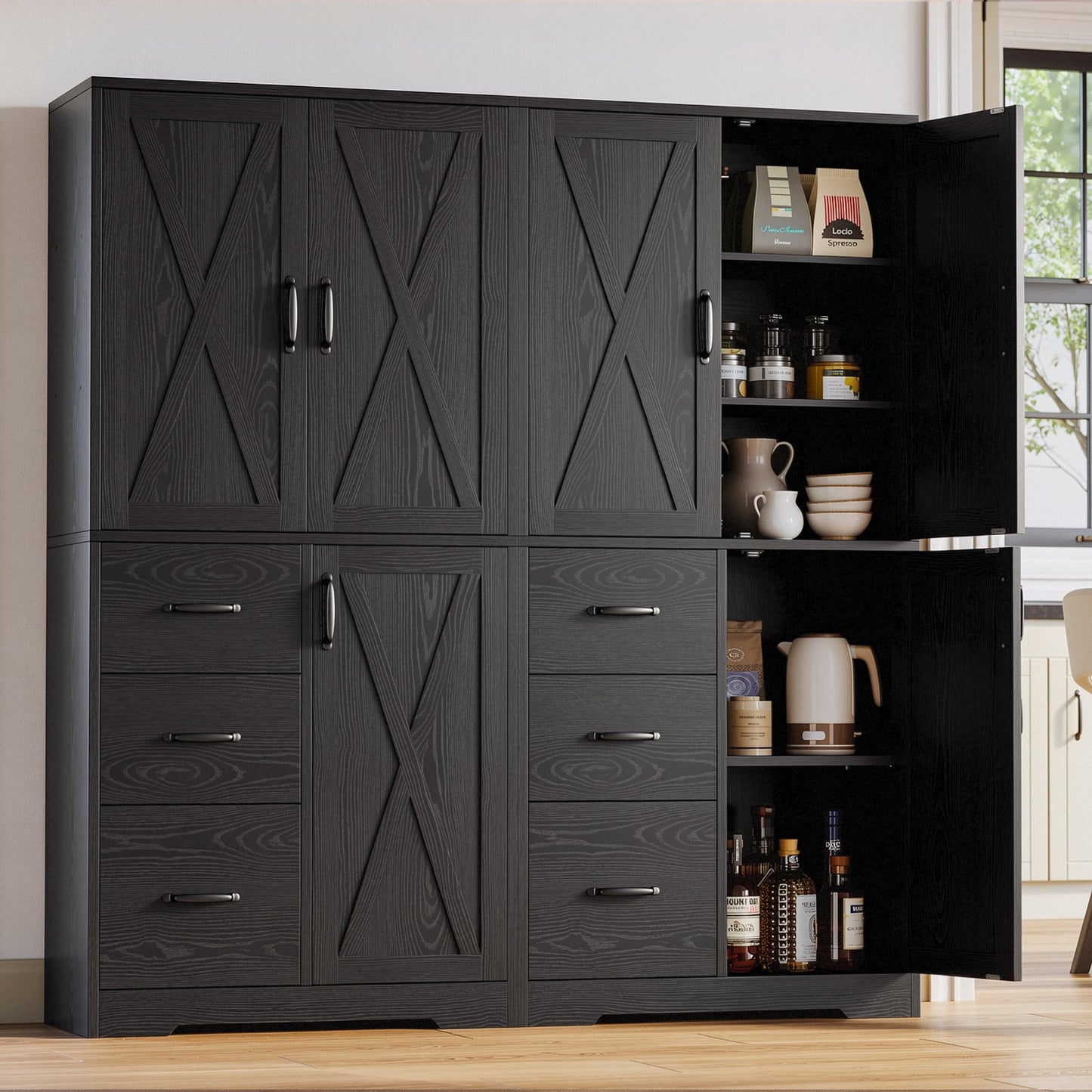 IRONCK Pantry Cabinet, 67.5 inch Tall Storage Cabinet with 3 Doors & Drawers, Farmhouse Kitchen Cabinet with Adjustable Shelves, 5 Tier Freestanding Cupboard for Kitchen, Black