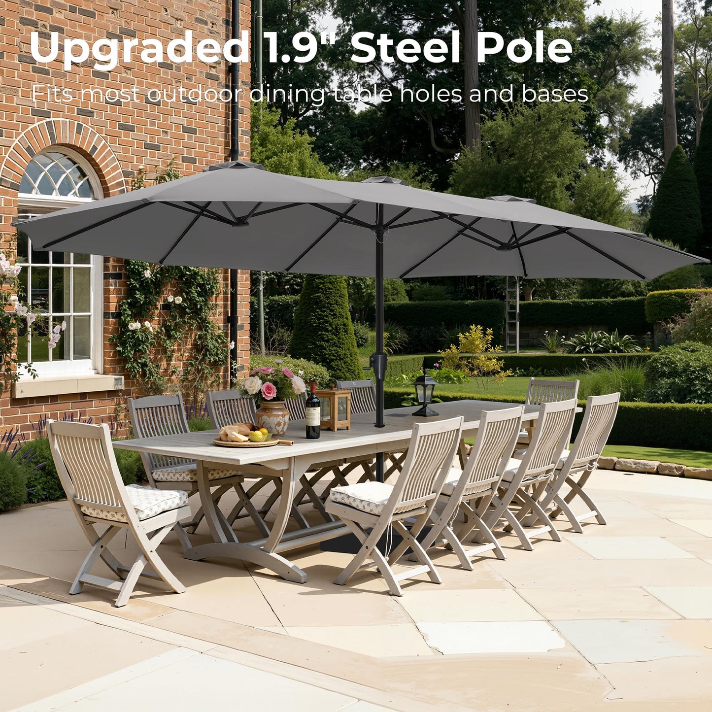SUPERJARE 15FT Outdoor Patio Umbrella with Base Included, Double Sided Pool Umbrellas with Fade Resistant Canopy, Extra-Large Table Umbrella for Deck, Market, Backyard, Gray