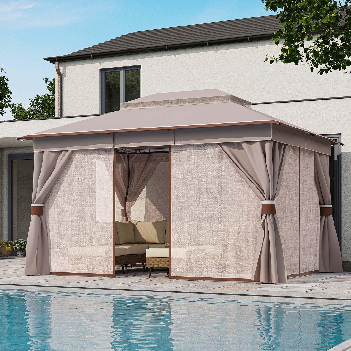 LAUSAINT HOME Patio Gazebo 10'x13', Outdoor Heavy Duty Party Tent Shelter with Double Roofs, Mosquito Nettings and Privacy Screens for Backyard, Garden, Lawn, Classic Khaki