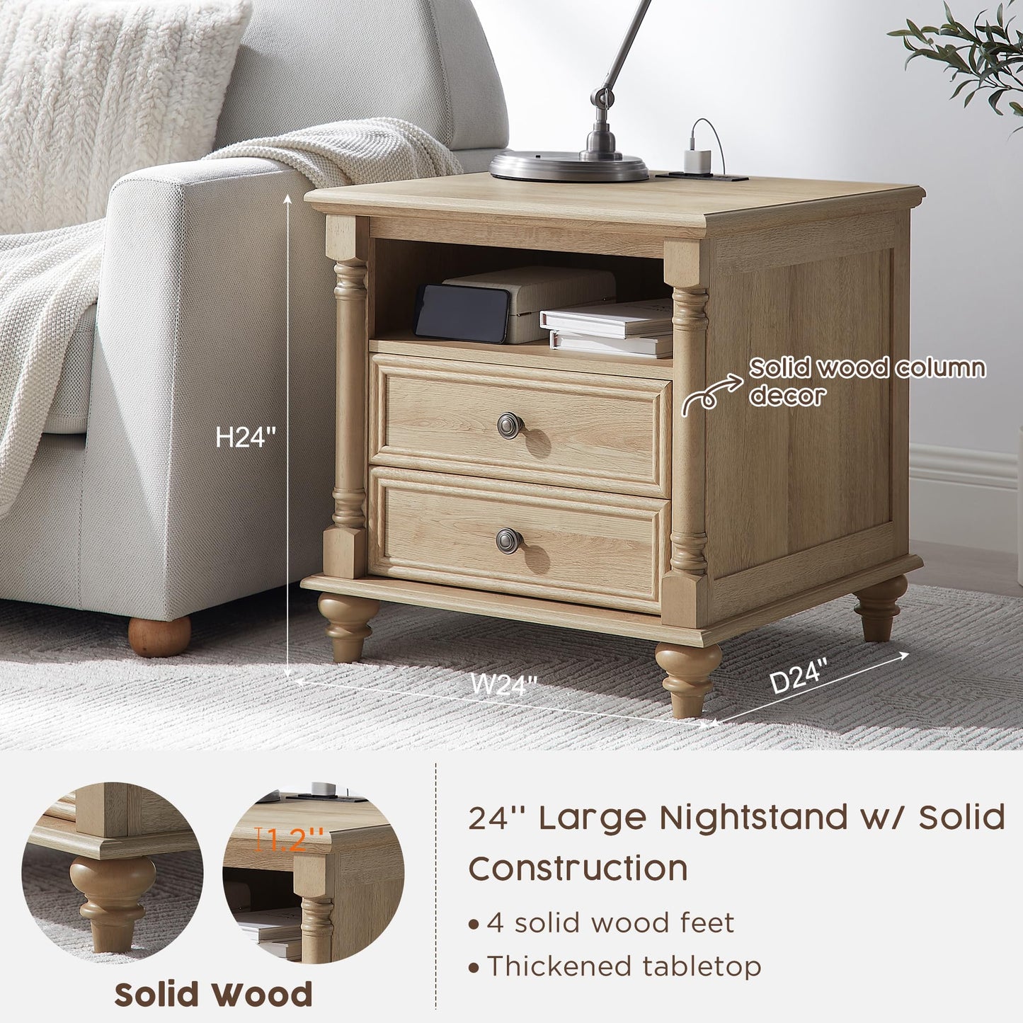 T4TREAM 24'' Farmhouse End Table w/4 Solid Wood Feet, Large 2 Drawers Wide Sofa Side Table with Charging Station, Tall Modern Wood Square Nightstand for Living Room, Bedroom, Office, Natural Oak