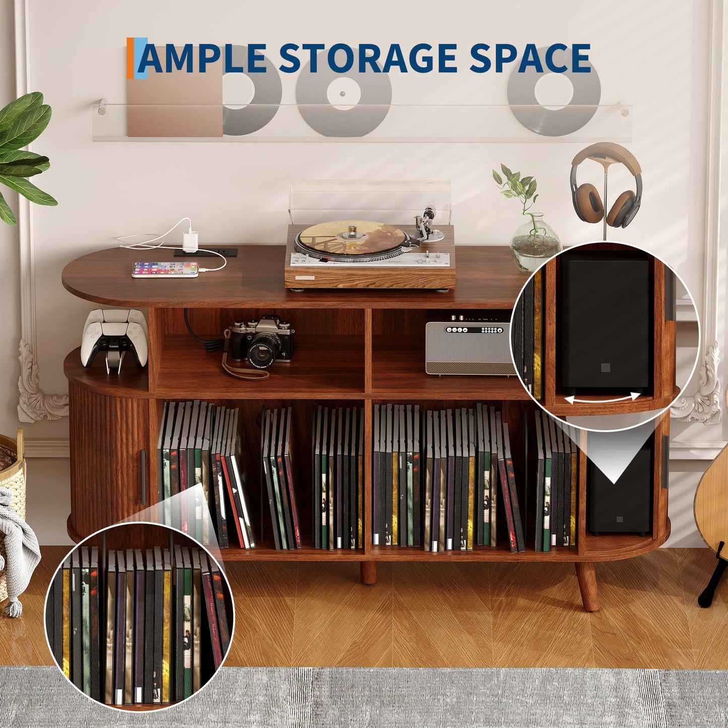 IDEALHOUSE 55" Large Record Player Stand with Vinyl Storage – Round Mid-Century Record Player Table Rustic Turntable Stand with Open Display Shelves, Charging Station, Media Cabinet for Office & Home
